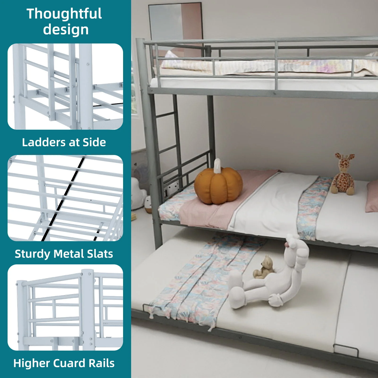 Bunk Bed For Kids, Convertible Frame With Ladders & Guardrail - Image 14