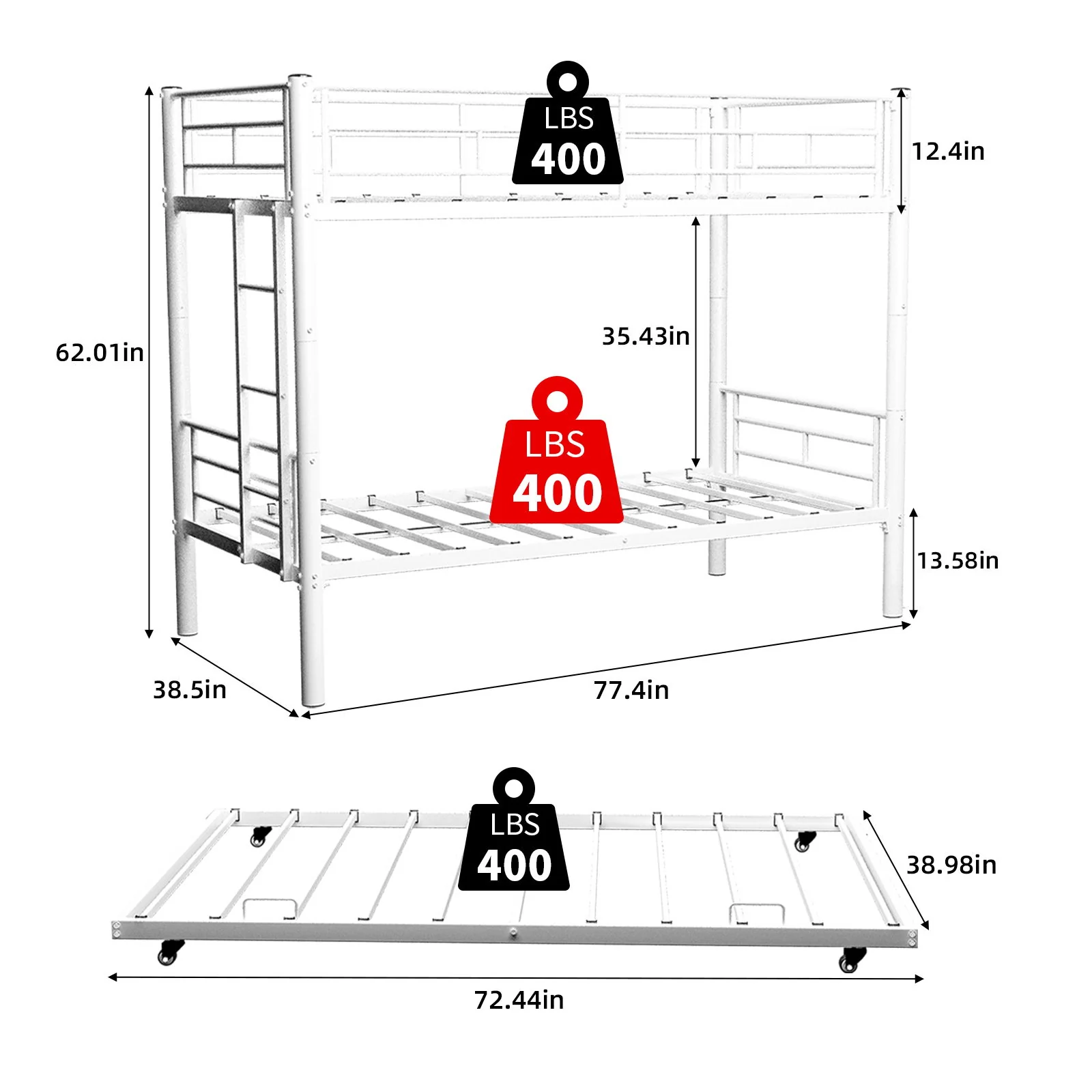 Bunk Bed For Kids, Convertible Frame With Ladders & Guardrail - Image 5