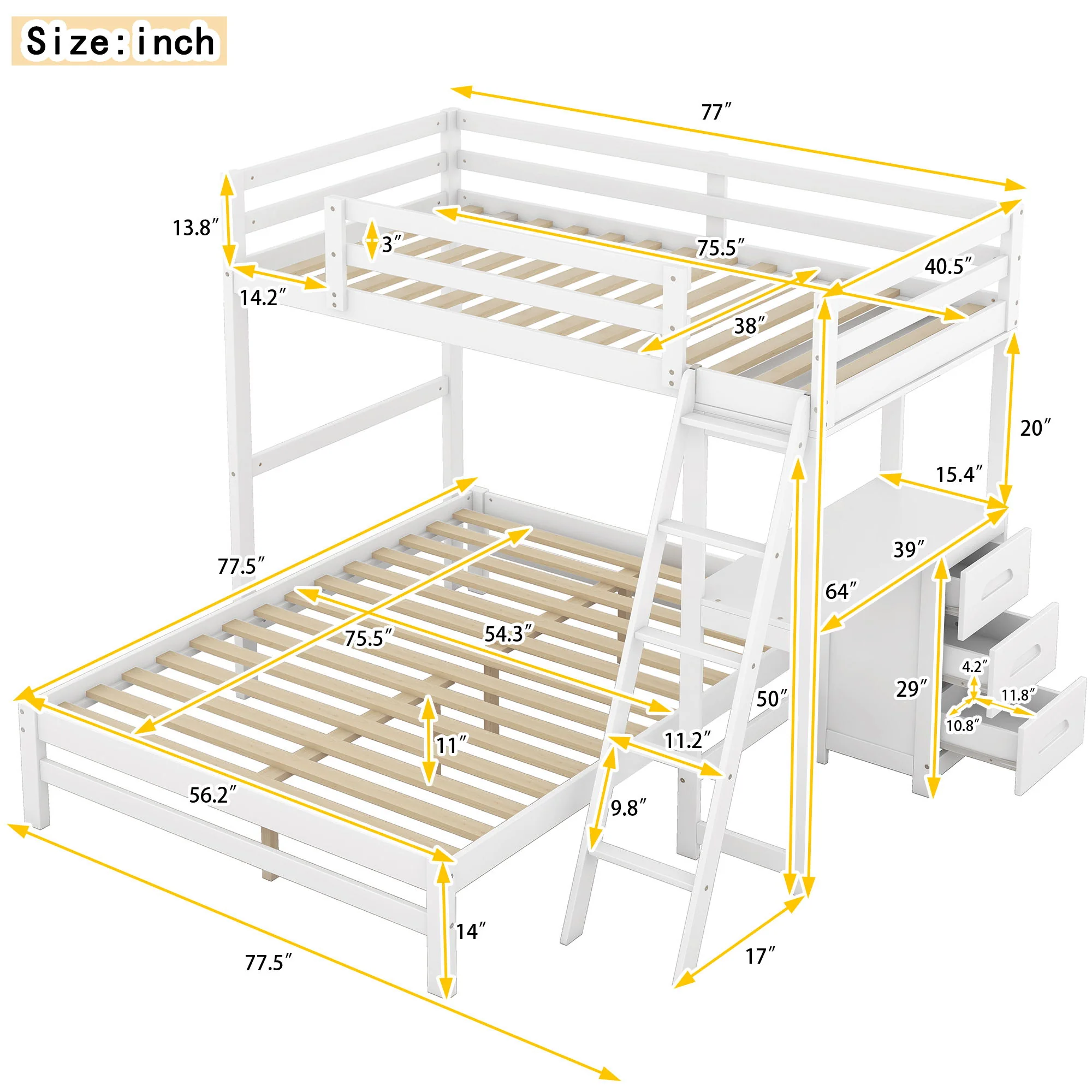Bunk Bed With Built In Desk And 3 Drawers - Image 9