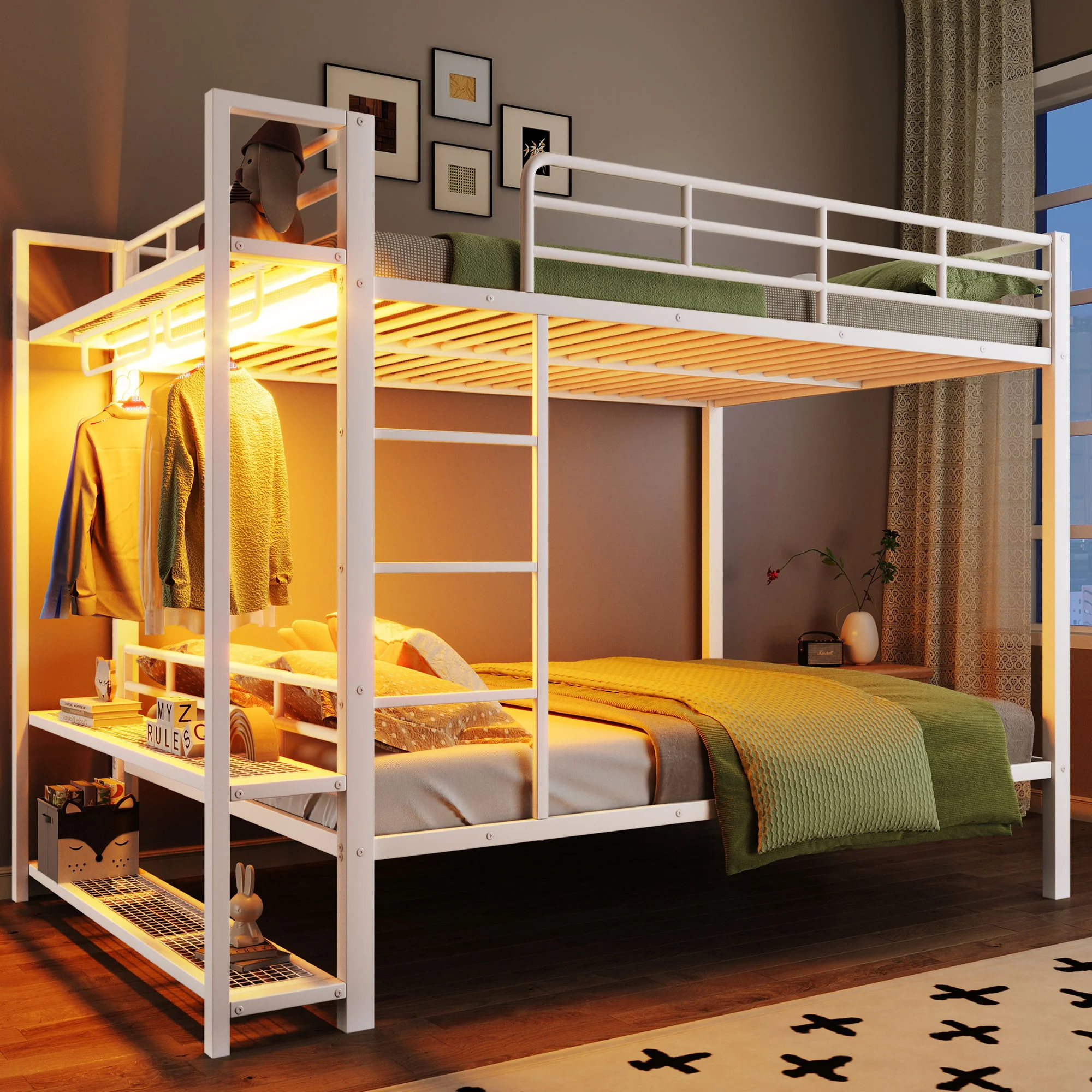 Bunk Bed With Storage Shelves, Clothes Hooks, LED Light - Image 6