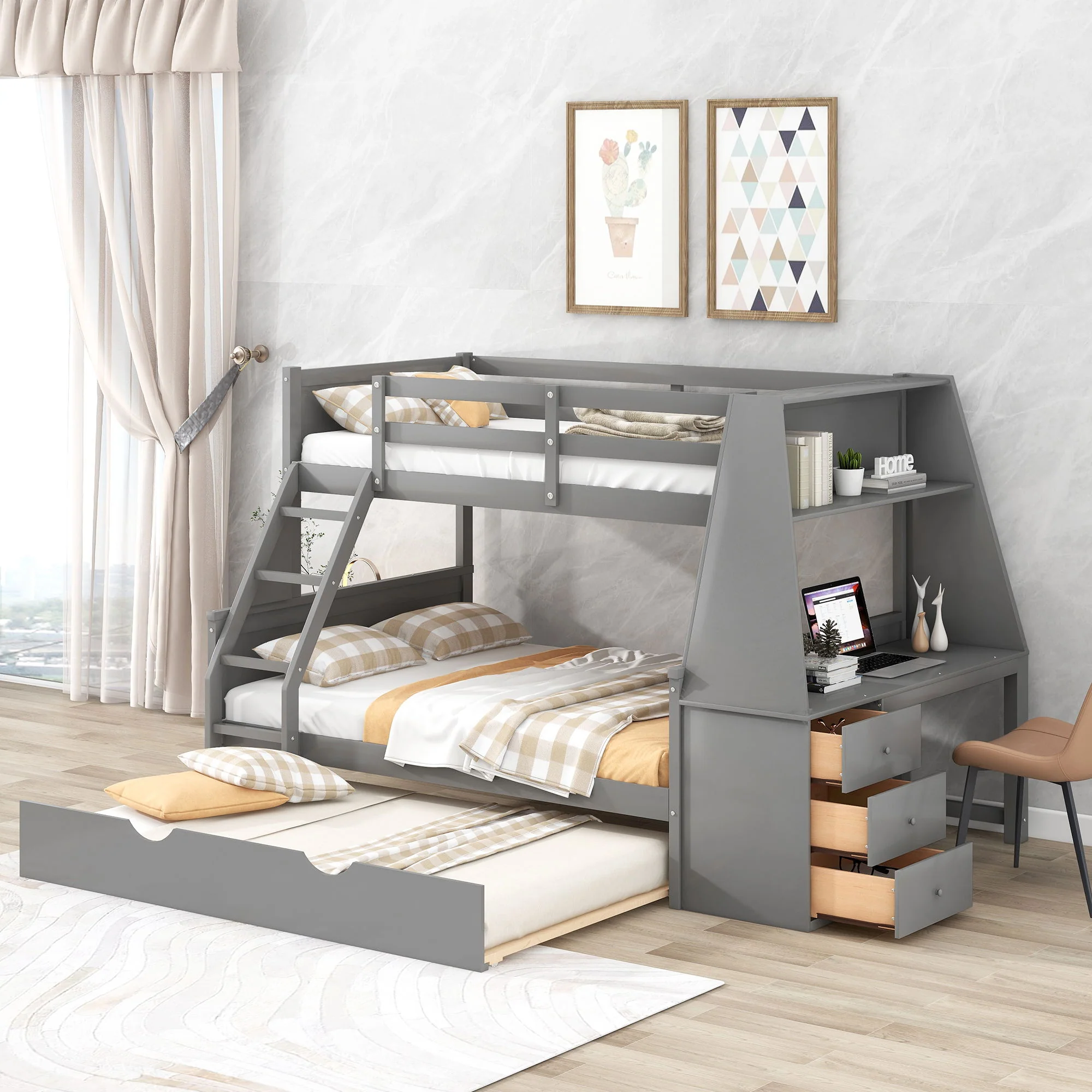 Bunk Bed With Trundle And Built In Desk, 3 Storage Drawers And Shelf - Image 13