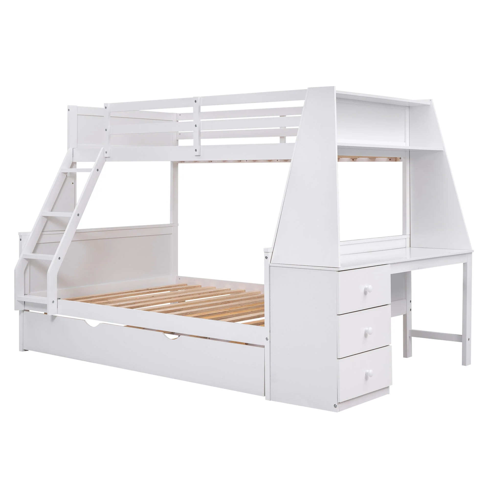 Bunk Bed With Trundle And Built In Desk, 3 Storage Drawers And Shelf - Image 2