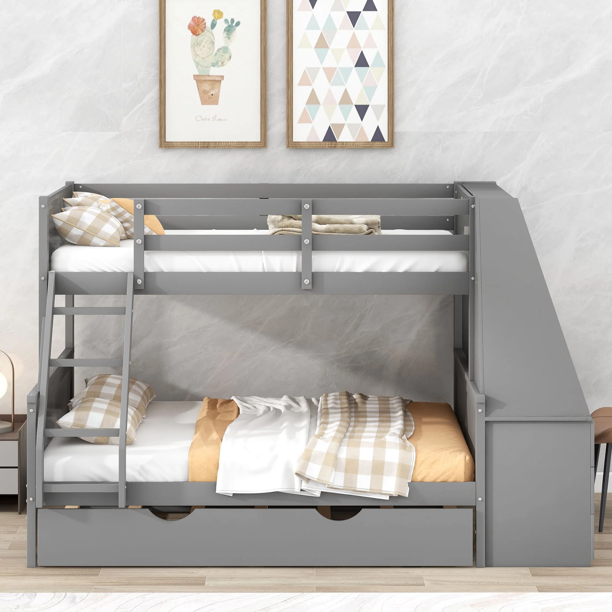 Bunk Bed With Trundle And Built In Desk, 3 Storage Drawers And Shelf - Image 8