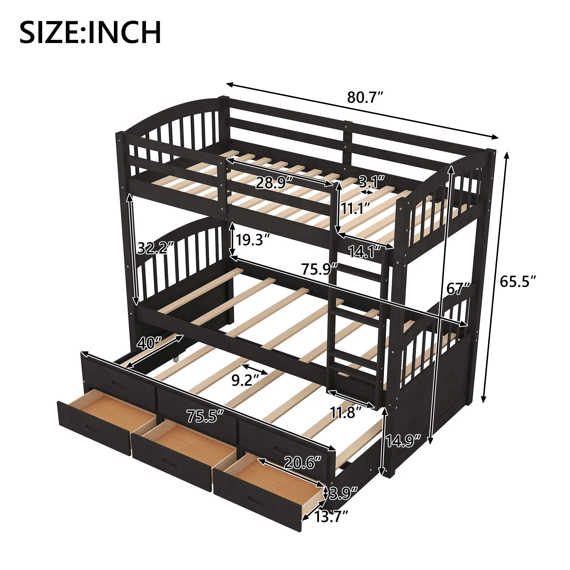 Bunk Bed With Trundle And Drawers, Arched Headboard And Footboard - Image 15