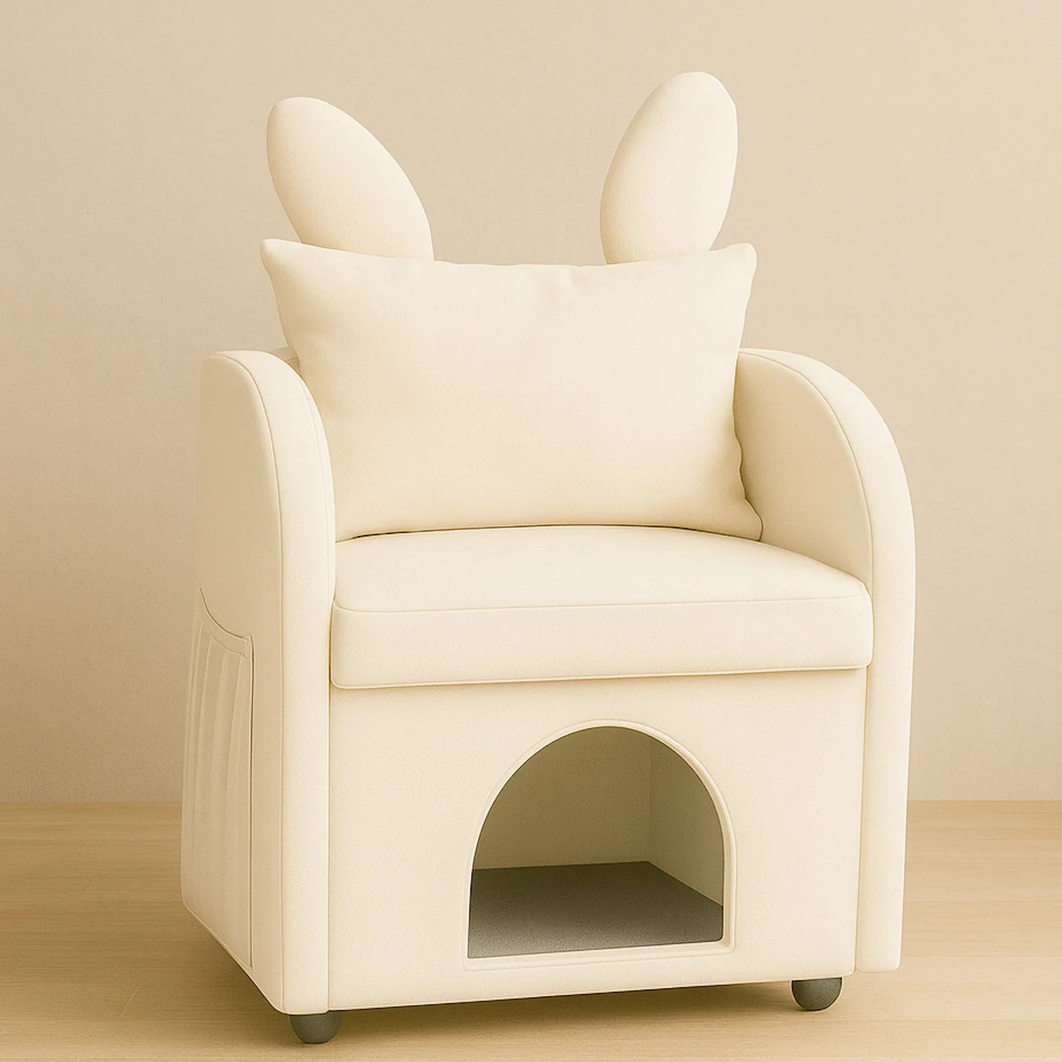 Bunny Ear Pet Friendly Armchair With Hidden Pet House With Storage Pocket For Bedroom & Living Room - Beige - Image 4