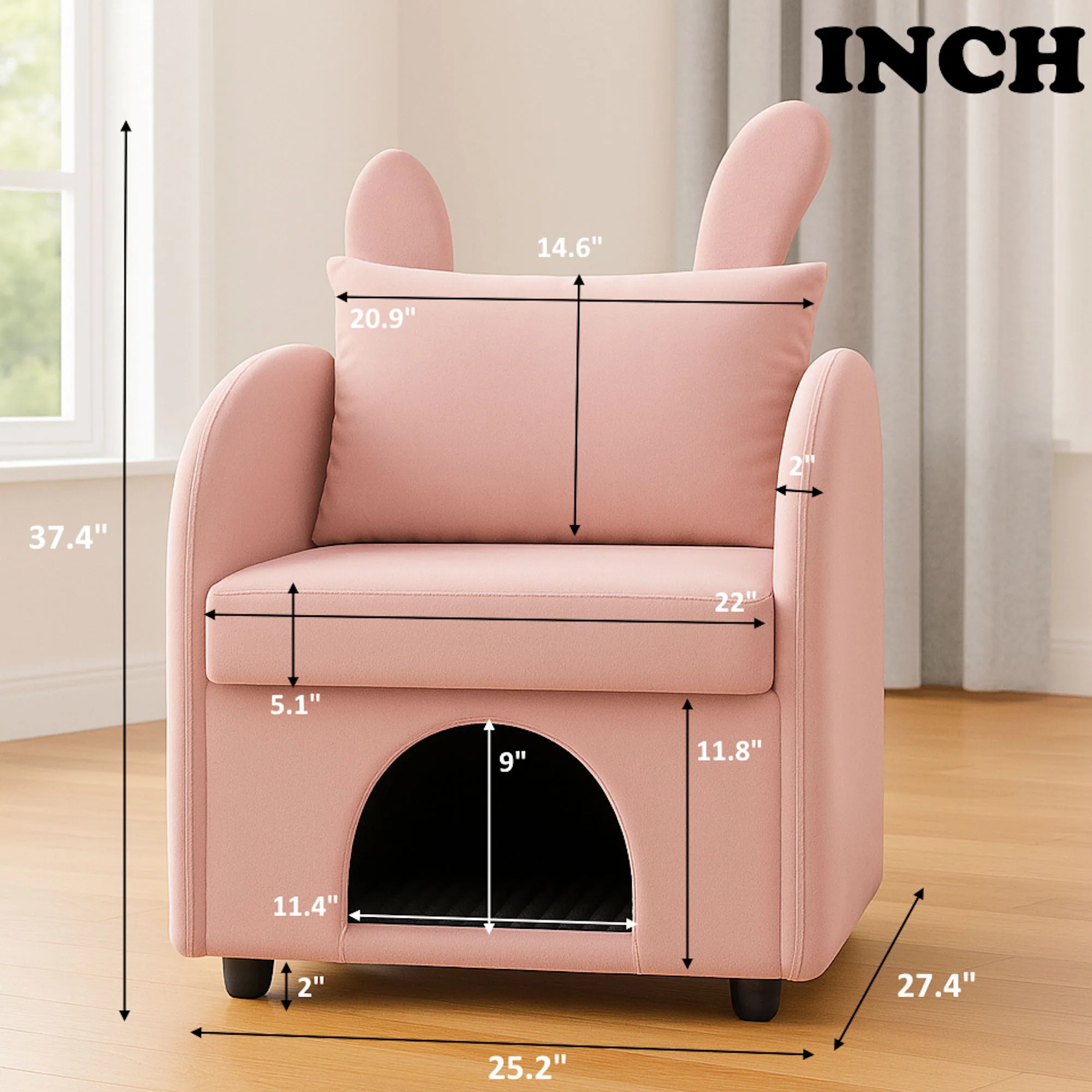 Bunny Ear Pet Friendly Armchair With Hidden Pet House With Storage Pocket For Bedroom & Living Room - Pink - Image 4