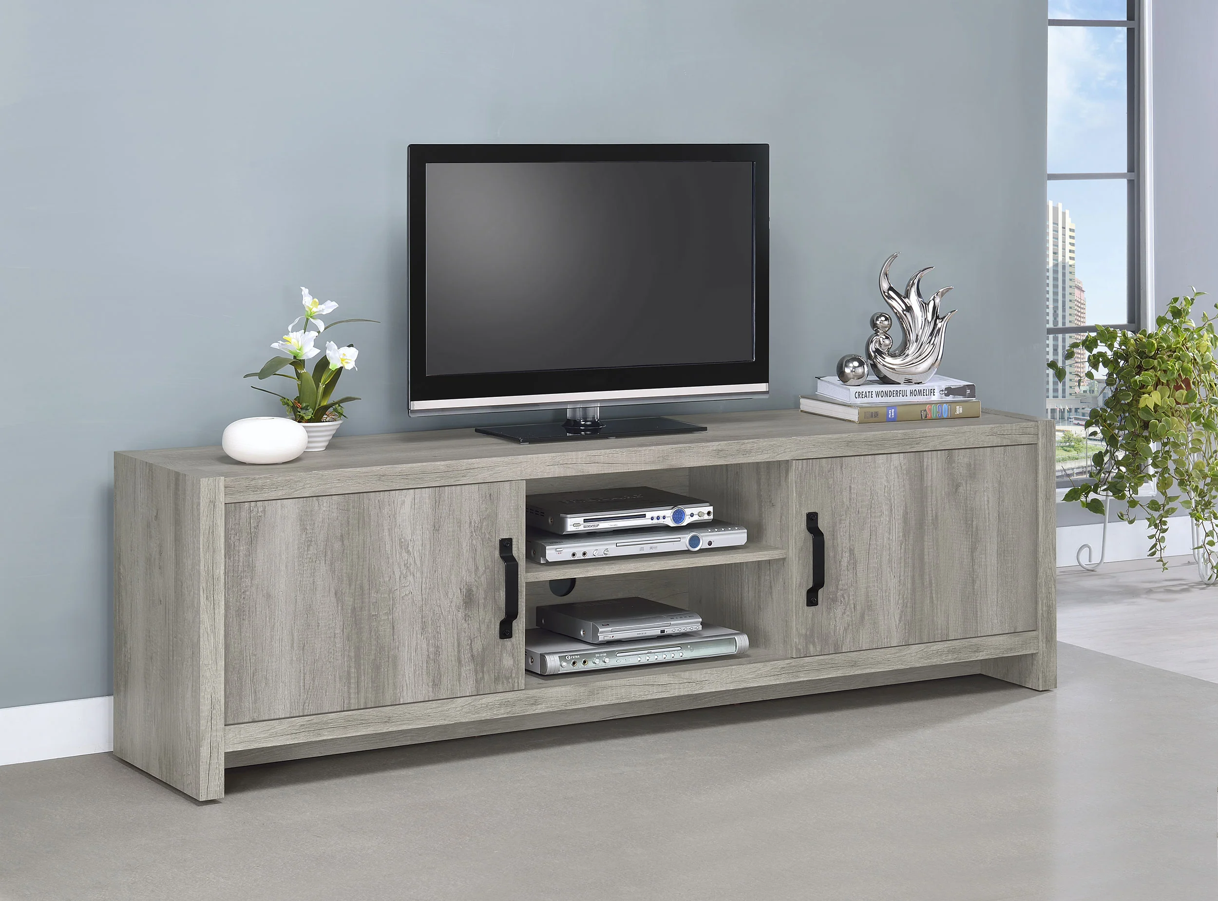 Burke 71-Inch TV Stand, Grey Driftwood Engineered Wood - Image 4