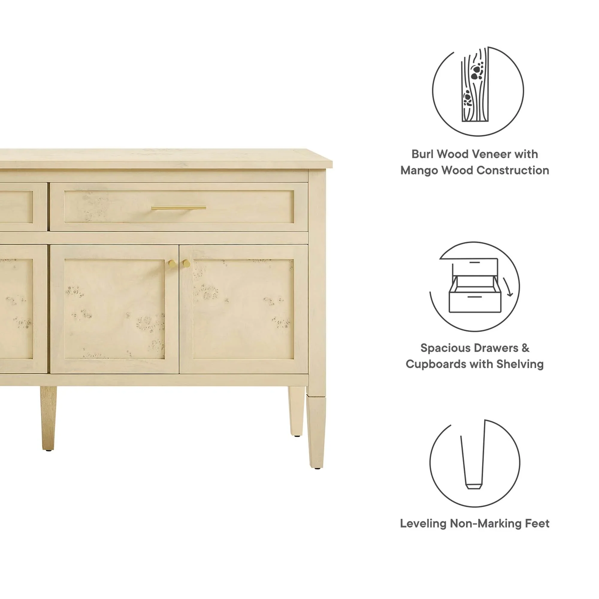 Burl Wood Sideboard Storage Cabinet with Drawers – Wood Finish 62 Inch - Image 12