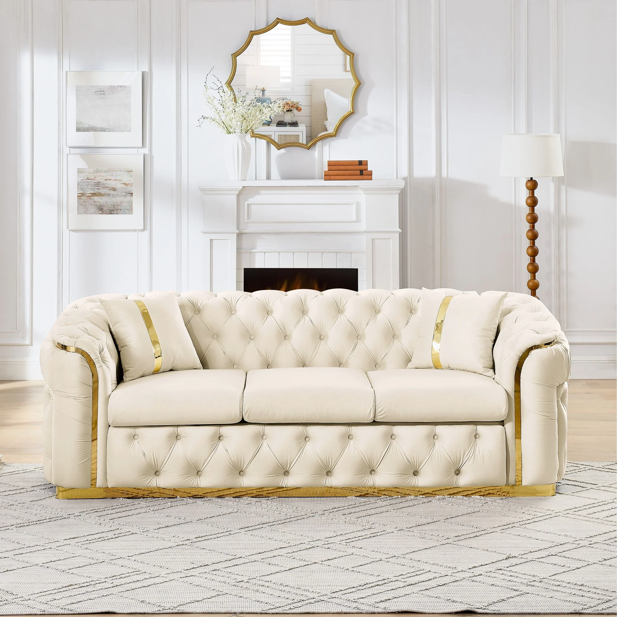 Button Tufted Couch With 2 Pillows, 3 Seater Luxury Chesterfield Sofa - Image 19