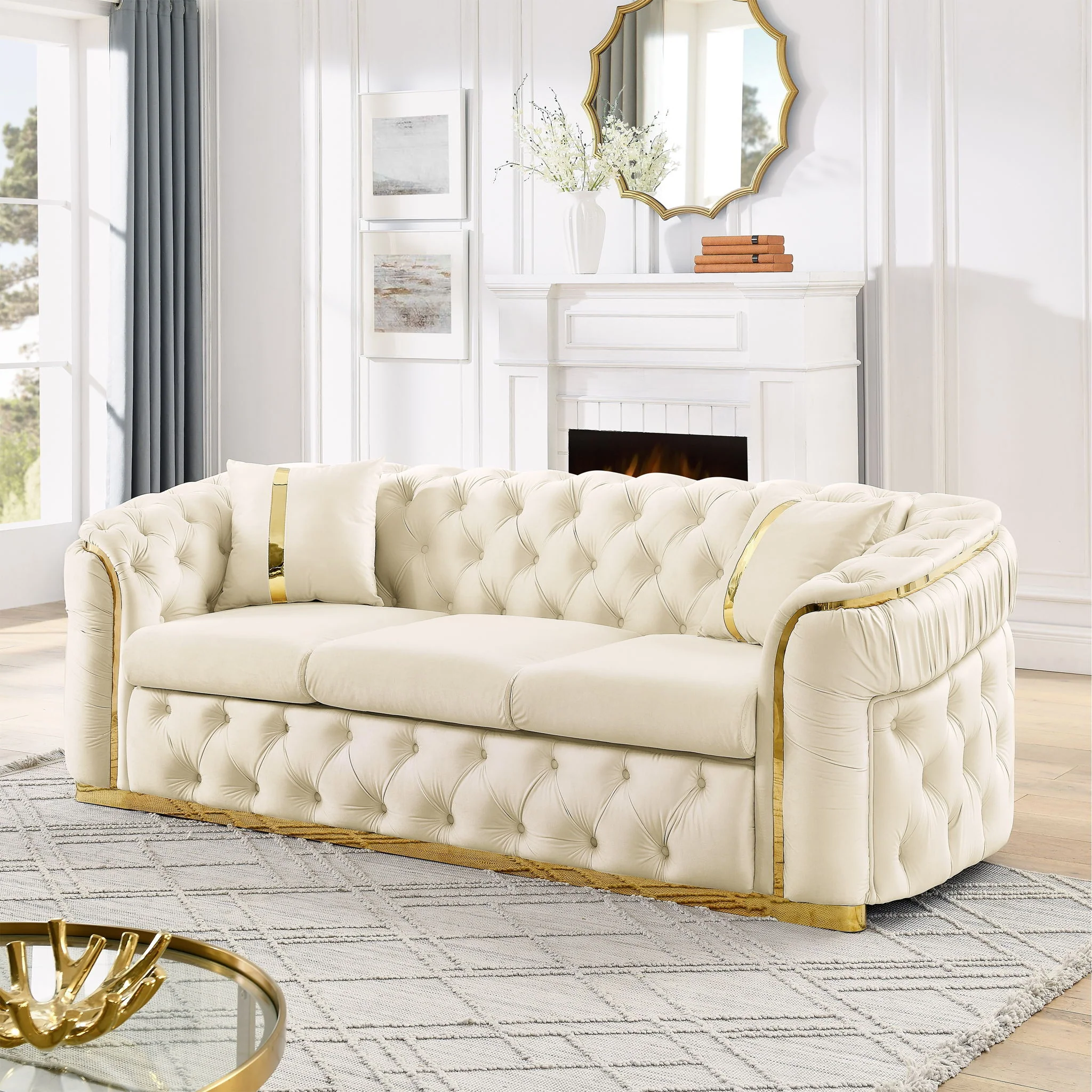 Button Tufted Couch With 2 Pillows, 3 Seater Luxury Chesterfield Sofa - Image 5