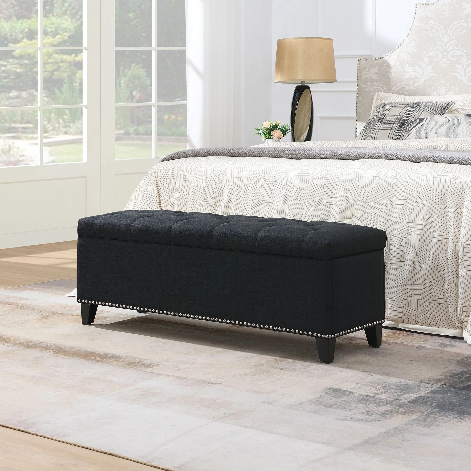 Button Tufted Storage Ottoman, Living Room Bench With Safety Close Hinge - Black - Image 2
