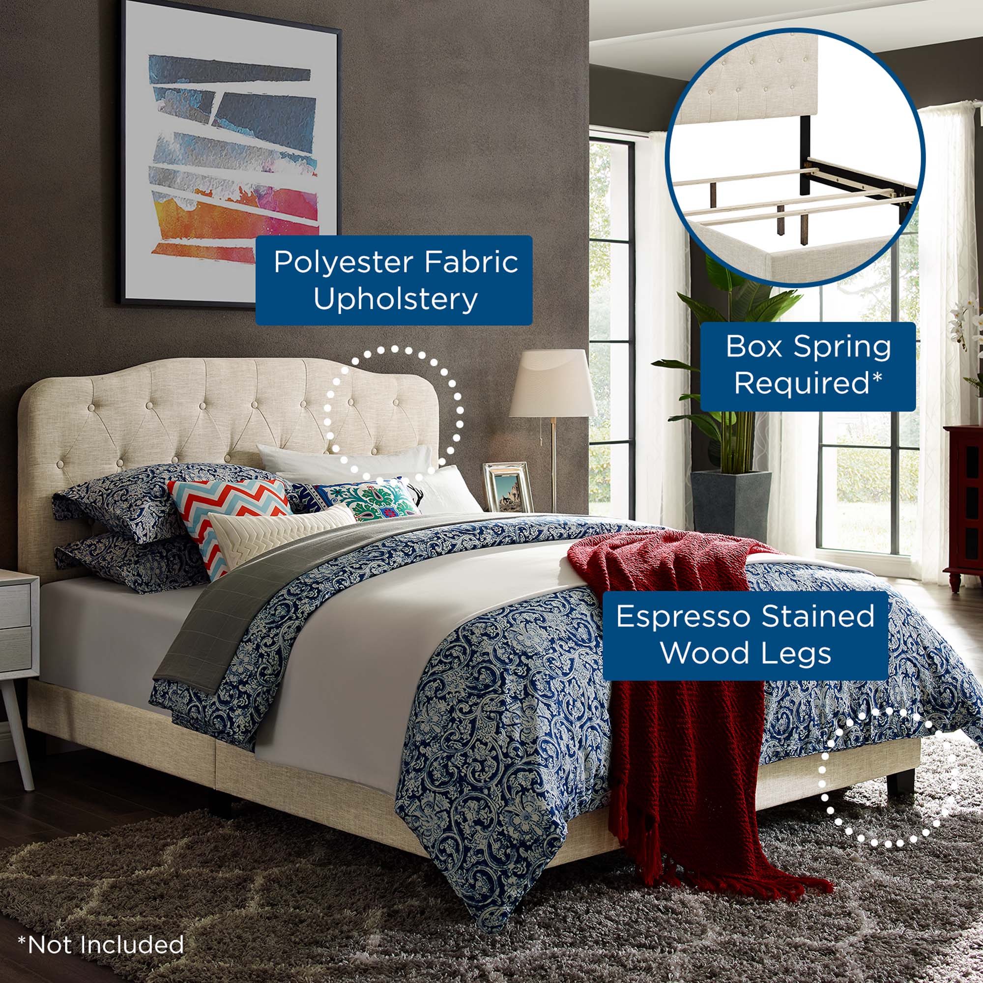 Button Tufted Upholstered Fabric Bed Frame with Wood Legs - Image 47