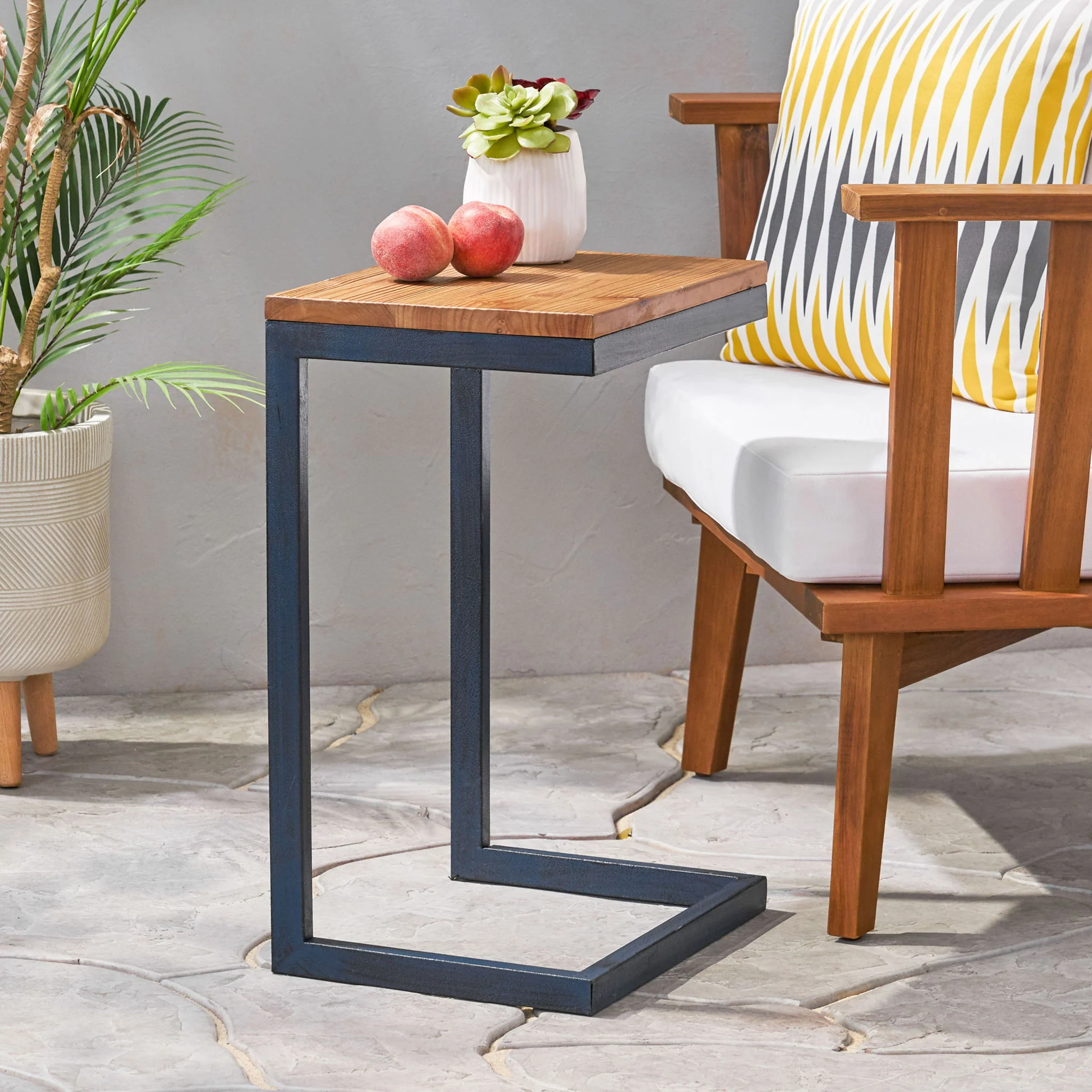 C Shaped End Table With Iron Base And Fir Wood To - Image 17