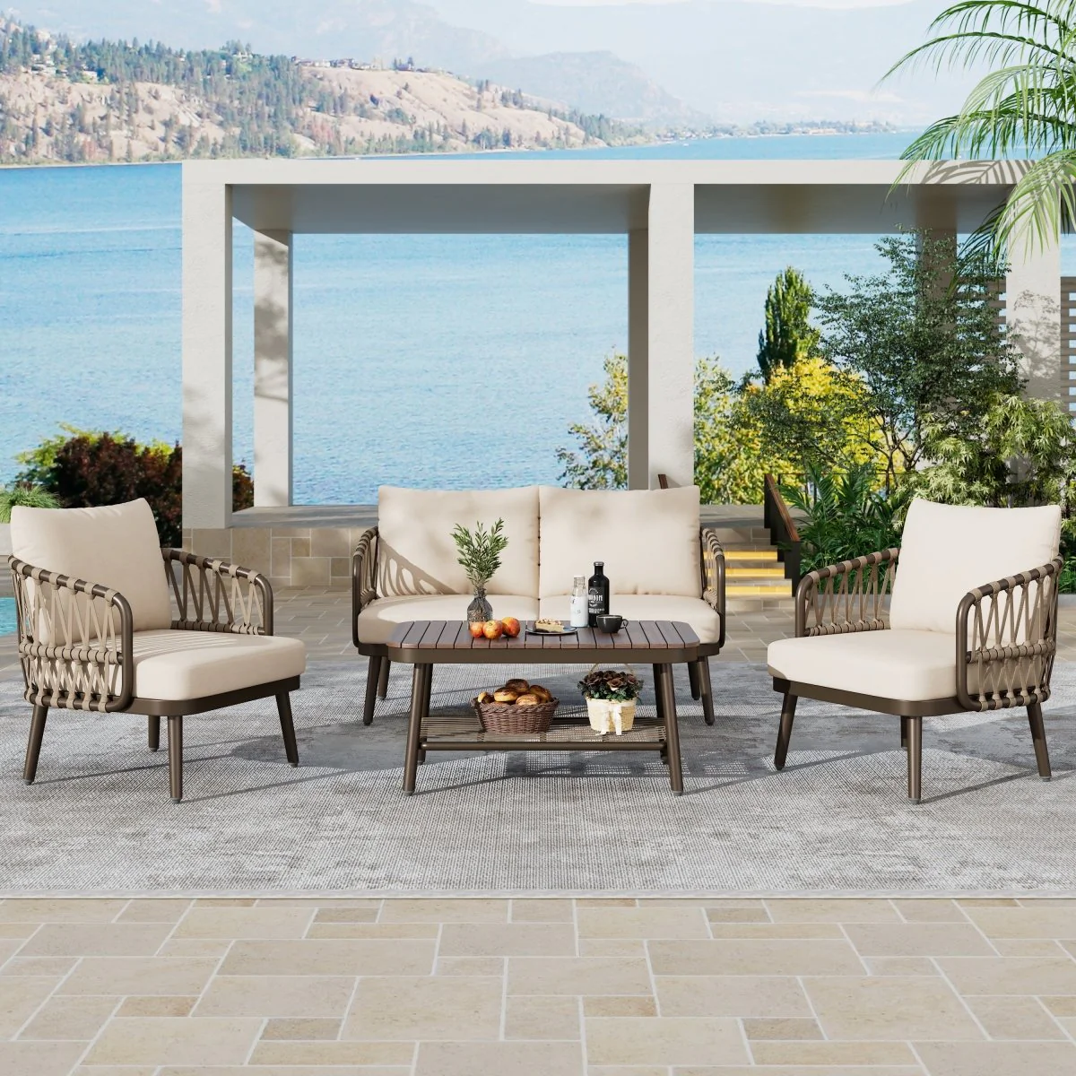 Callira 4-Piece Rope Outdoor Seating Set with Acacia Coffee Table - Image 2