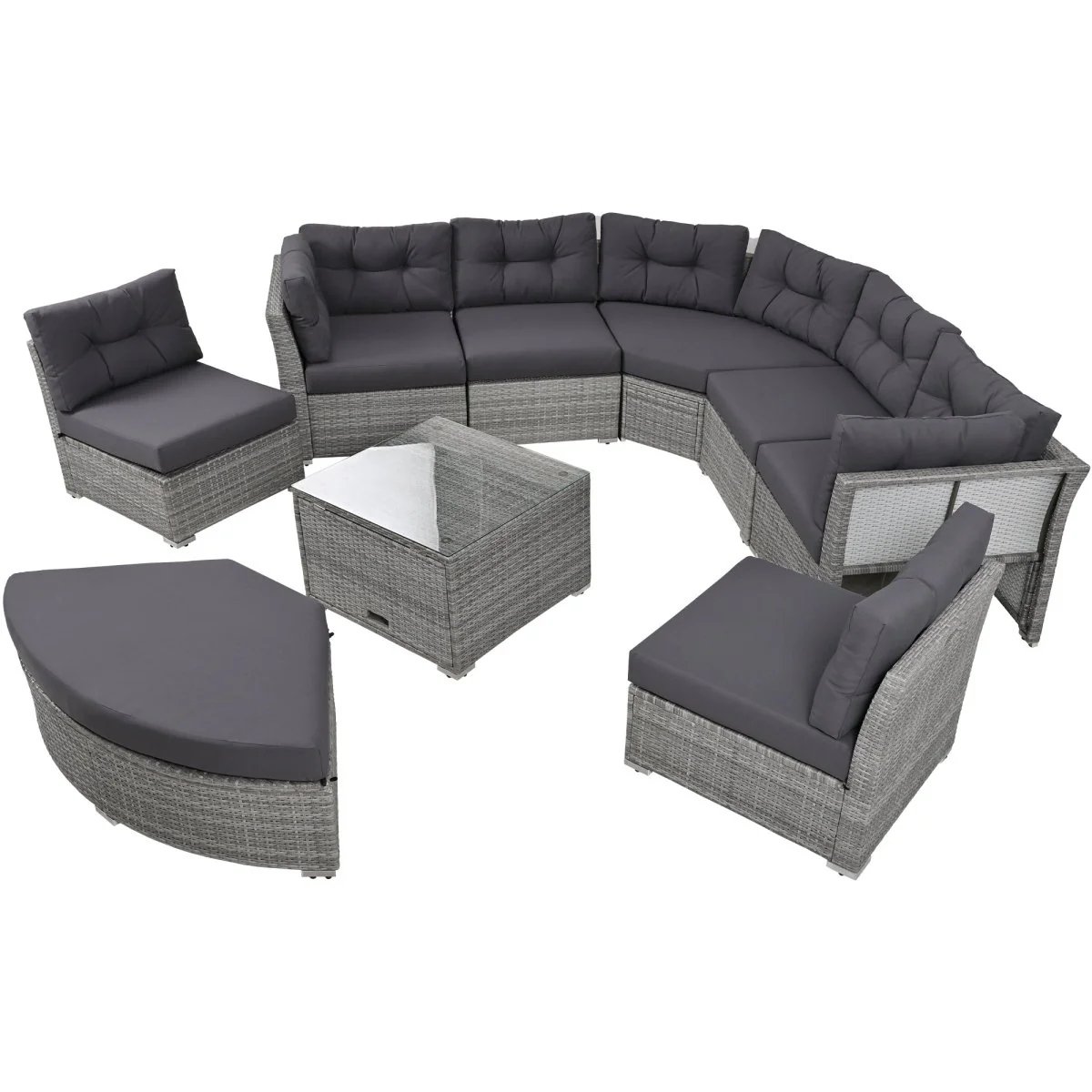 Cambria 6 Piece Outdoor Curved Rattan Sectional Daybed Set in Grey - Image 9