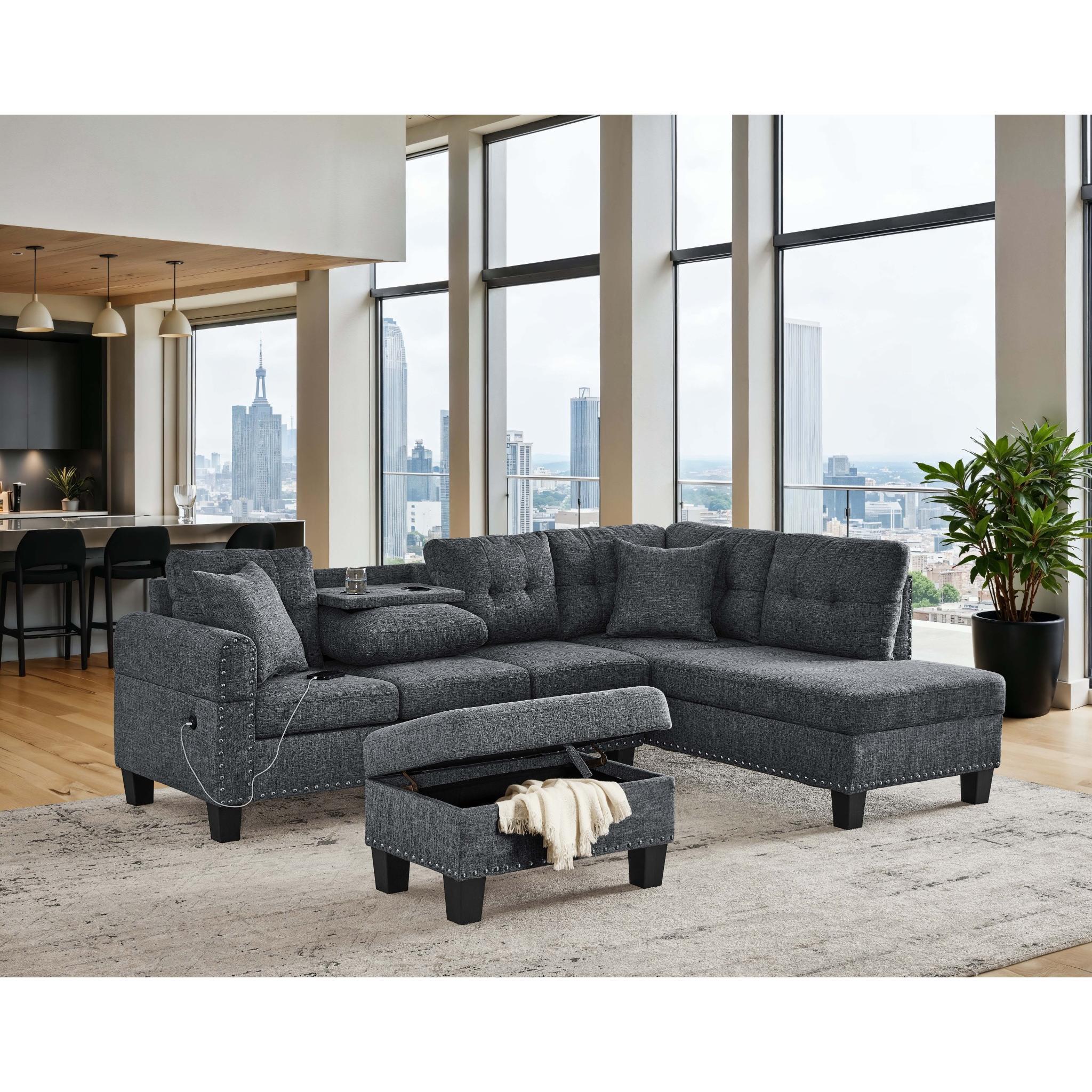 Camden - Power Sectional Sofa With Storage Ottoman And Built In Charging Ports - Gray - Image 7
