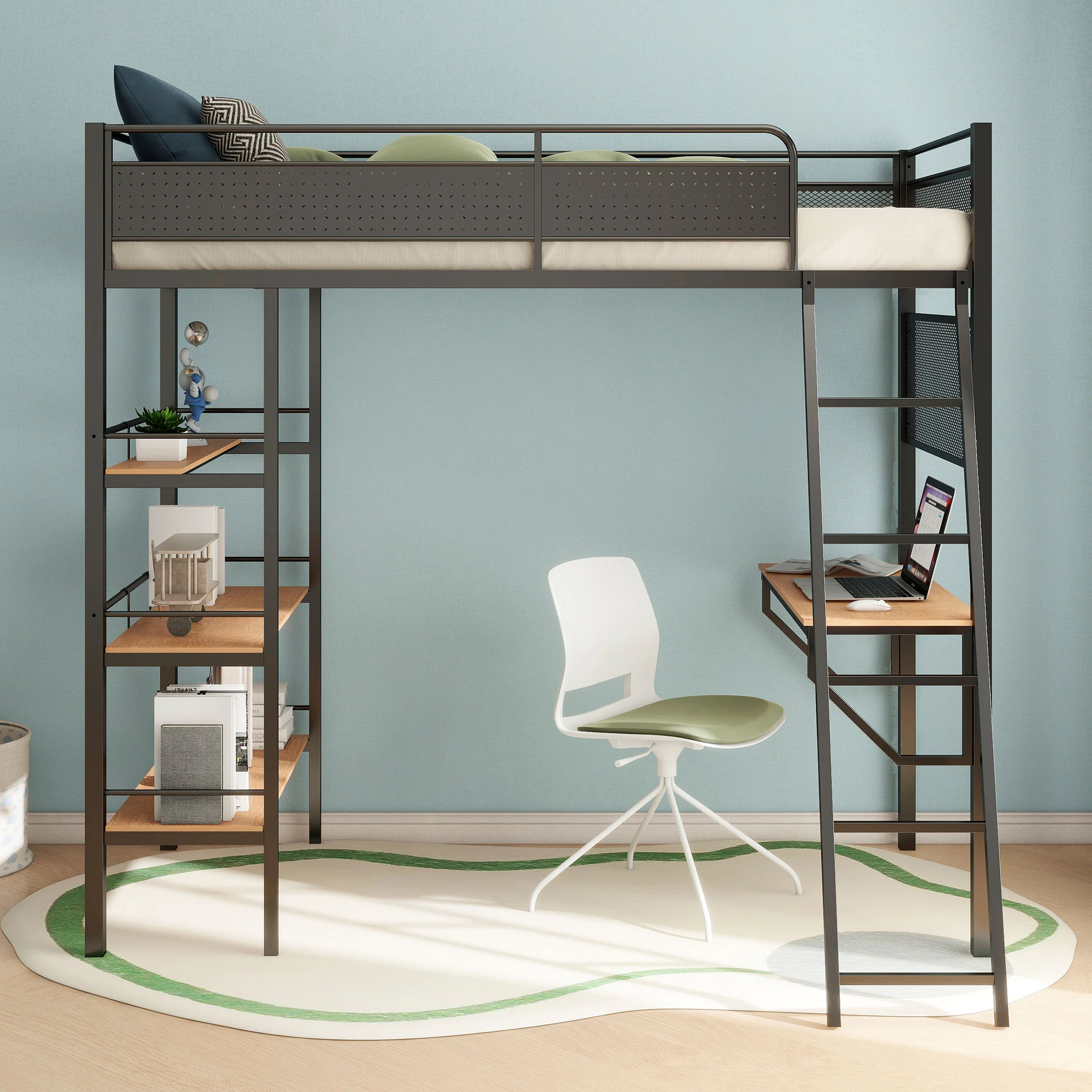 Campus 3-Shelf Metal Twin Loft Bed with Workstation, Matte Black - Image 5