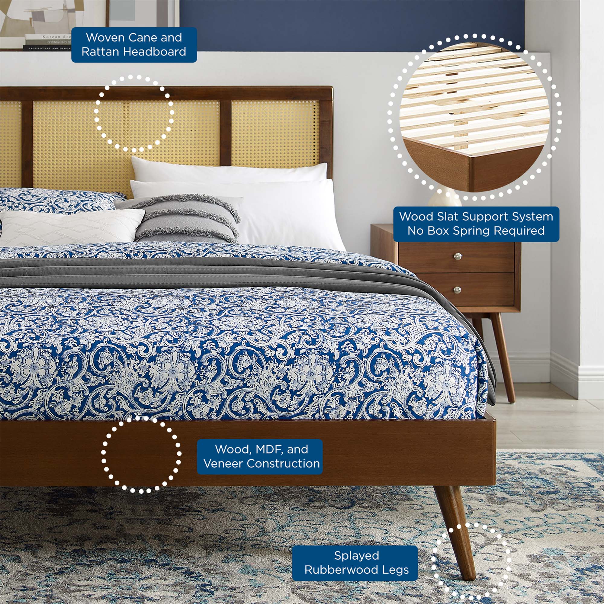 Cane and Wood Platform Bed with Splayed Legs - Image 8