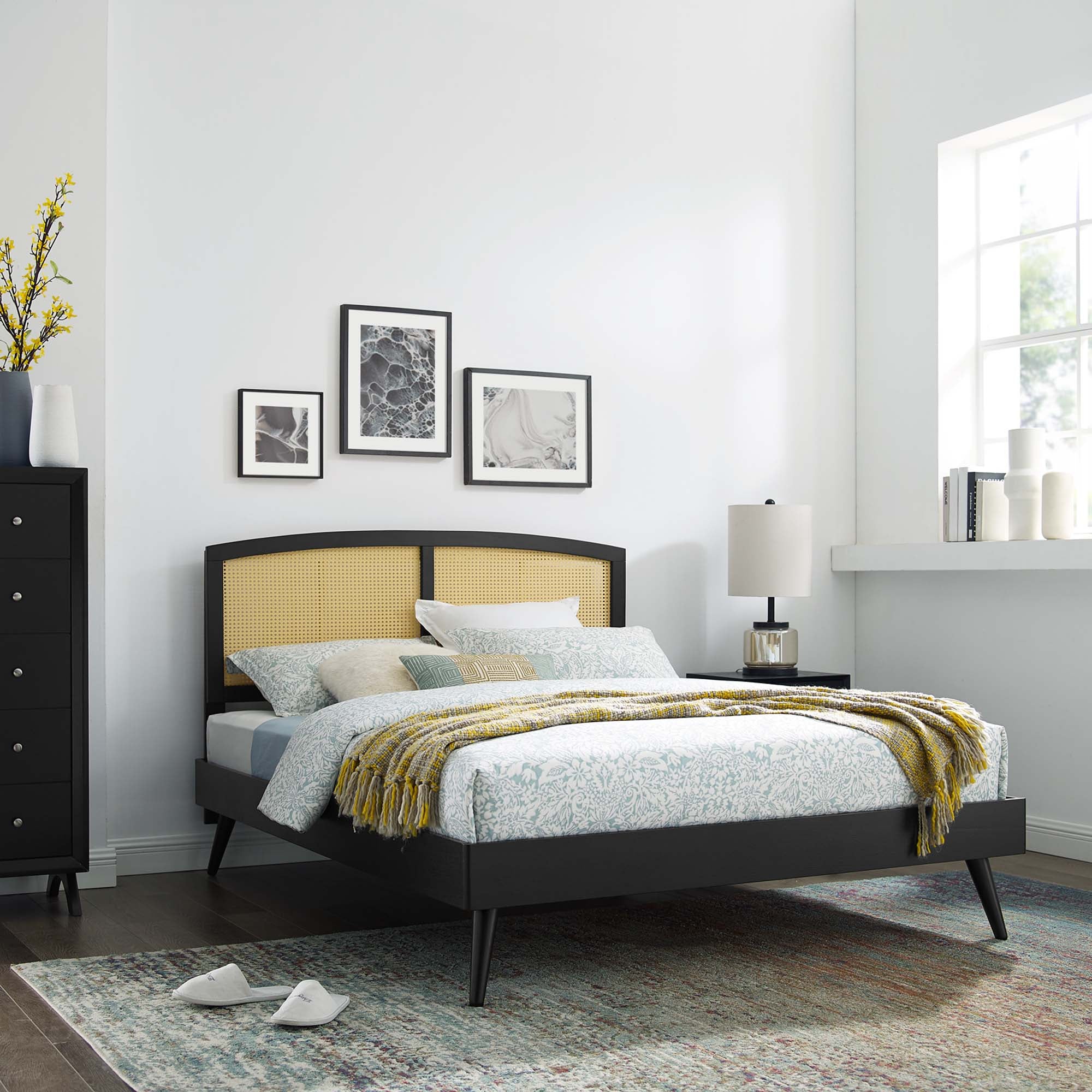 Cane and Wood Platform Bed with Splayed Legs - Image 15