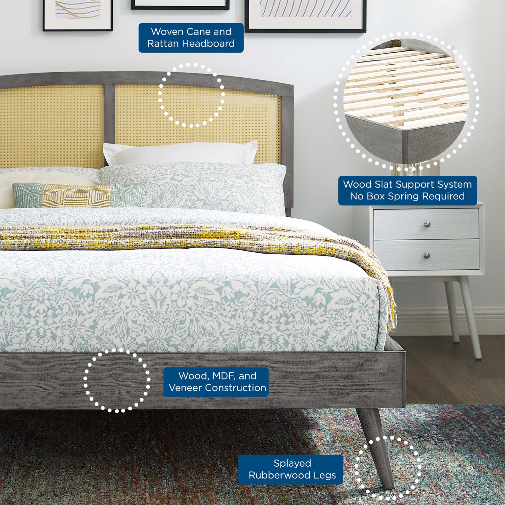 Cane and Wood Platform Bed with Splayed Legs - Image 3