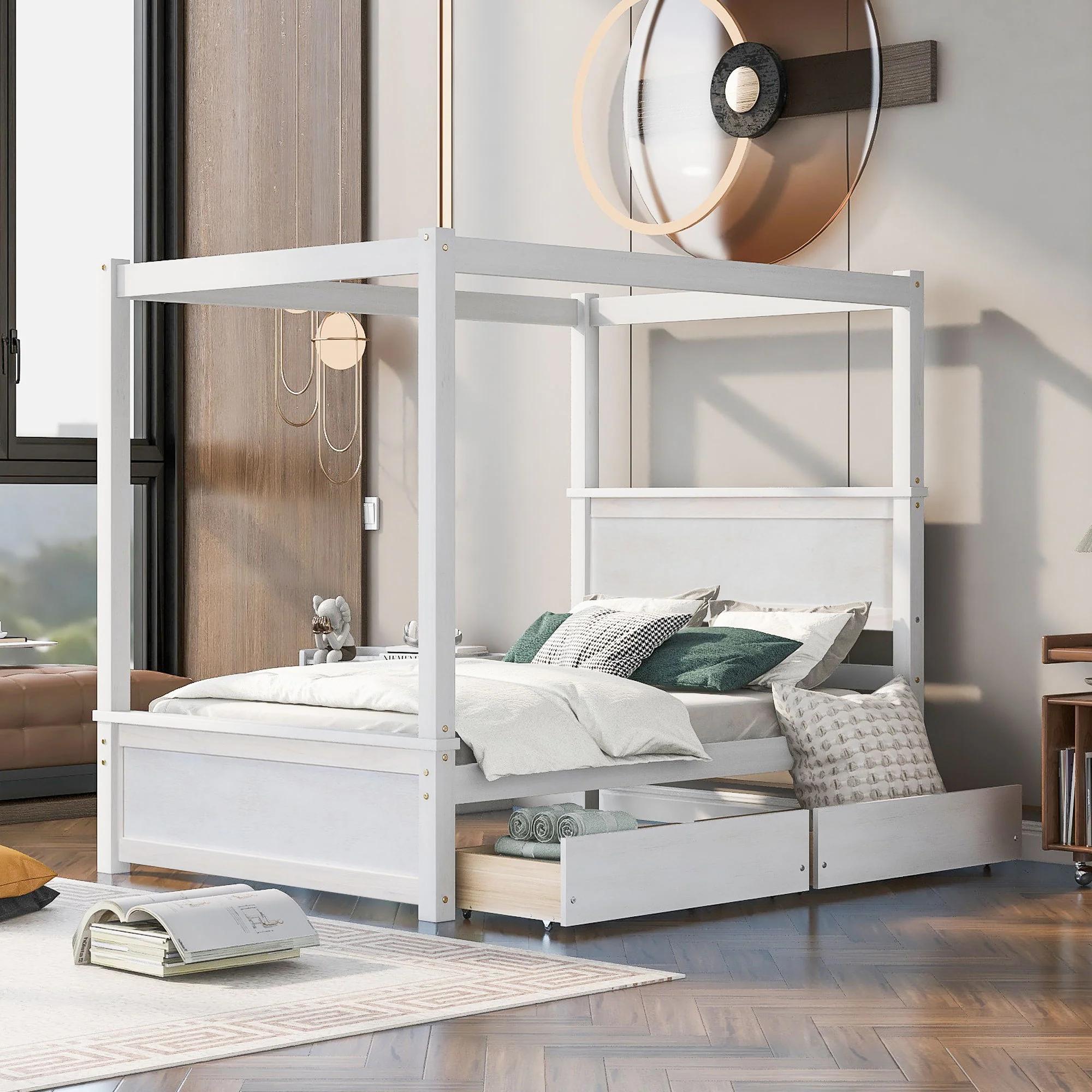 Canopy Platform Bed With Drawers, Support Slats, No Box Spring Needed - Image 3