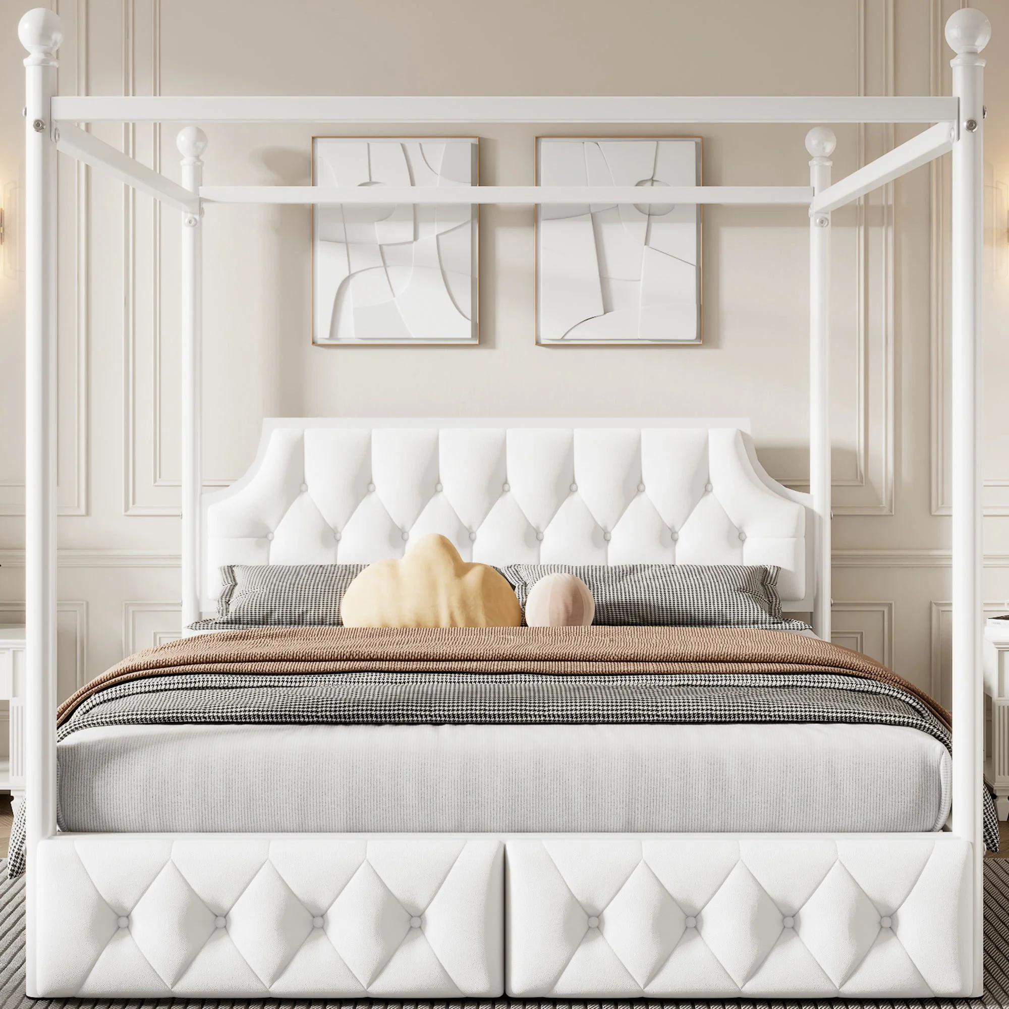Queen Size Canopy Platform Bed With Upholstered Headboard And 2 Storage Drawers - White - Image 5