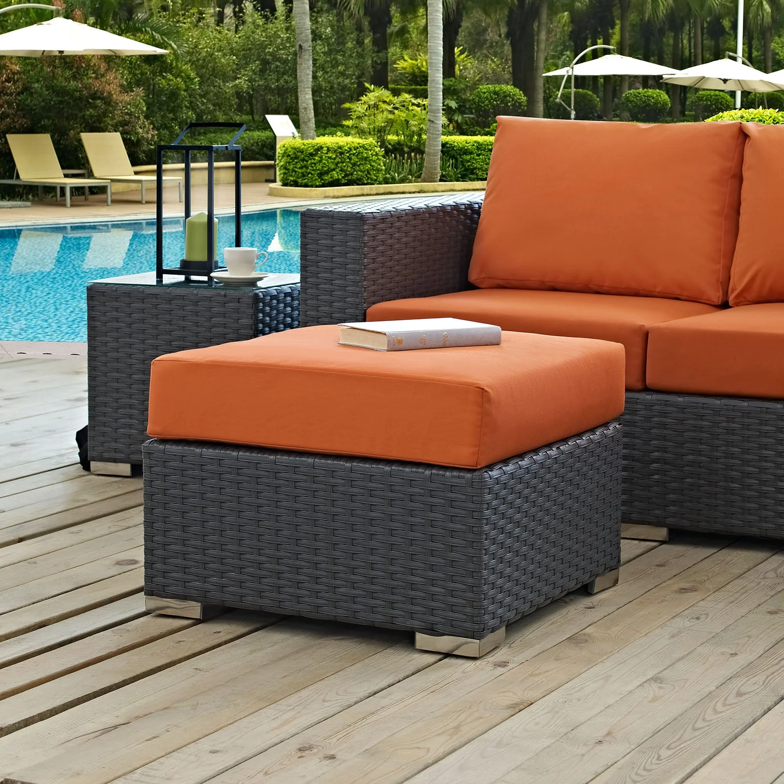 Canvas Outdoor Patio Wicker Ottoman - Comfortable Weather-Resistant Patio Footstool - Image 3