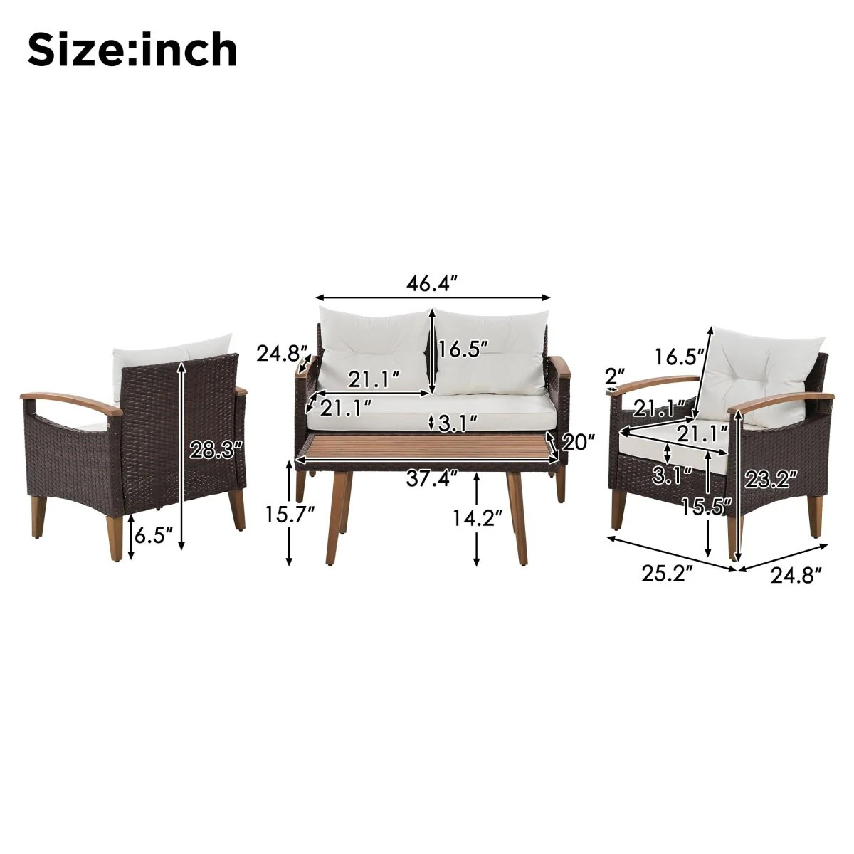 Capri 4 Piece Patio Sofa Set with Wicker and Wood Table - Image 9