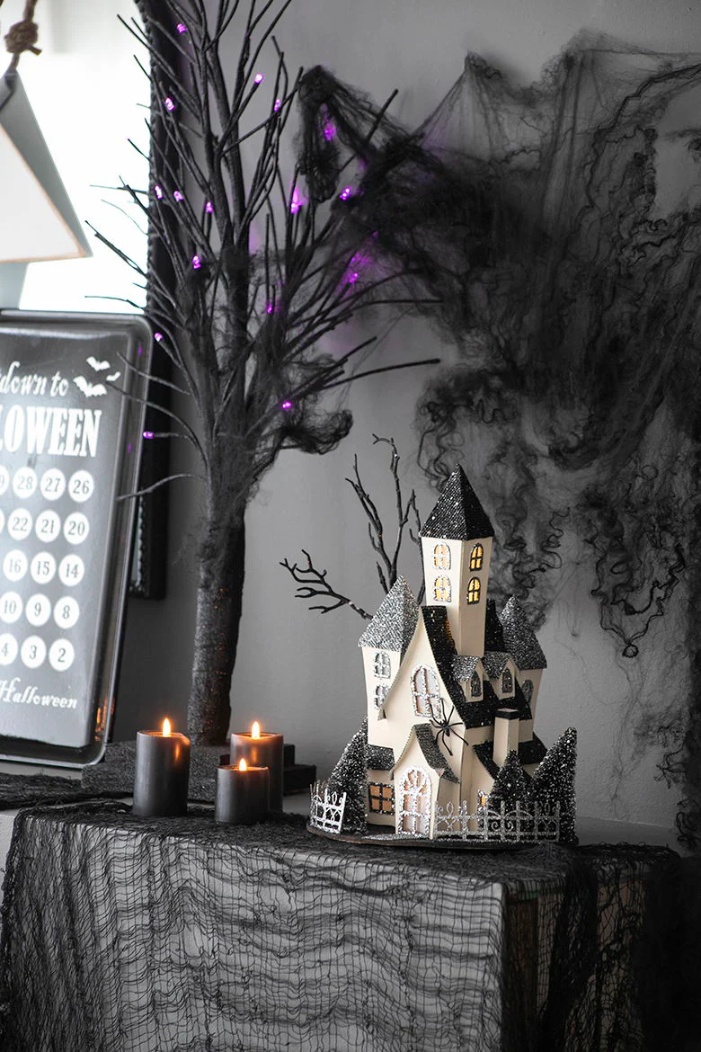 Cardboard Lighted Haunted House, Tabletop Holiday Halloween Decor, Battery Powered - Beige / Black - Image 6