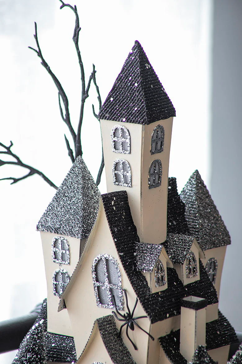 Cardboard Lighted Haunted House, Tabletop Holiday Halloween Decor, Battery Powered - Beige / Black - Image 9