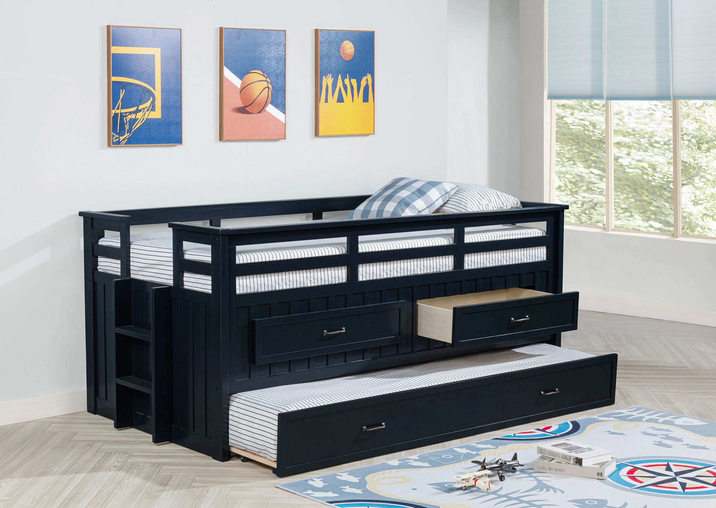Carlsbad Wood Twin Captains Bed with Trundle, Navy Blue - Image 4