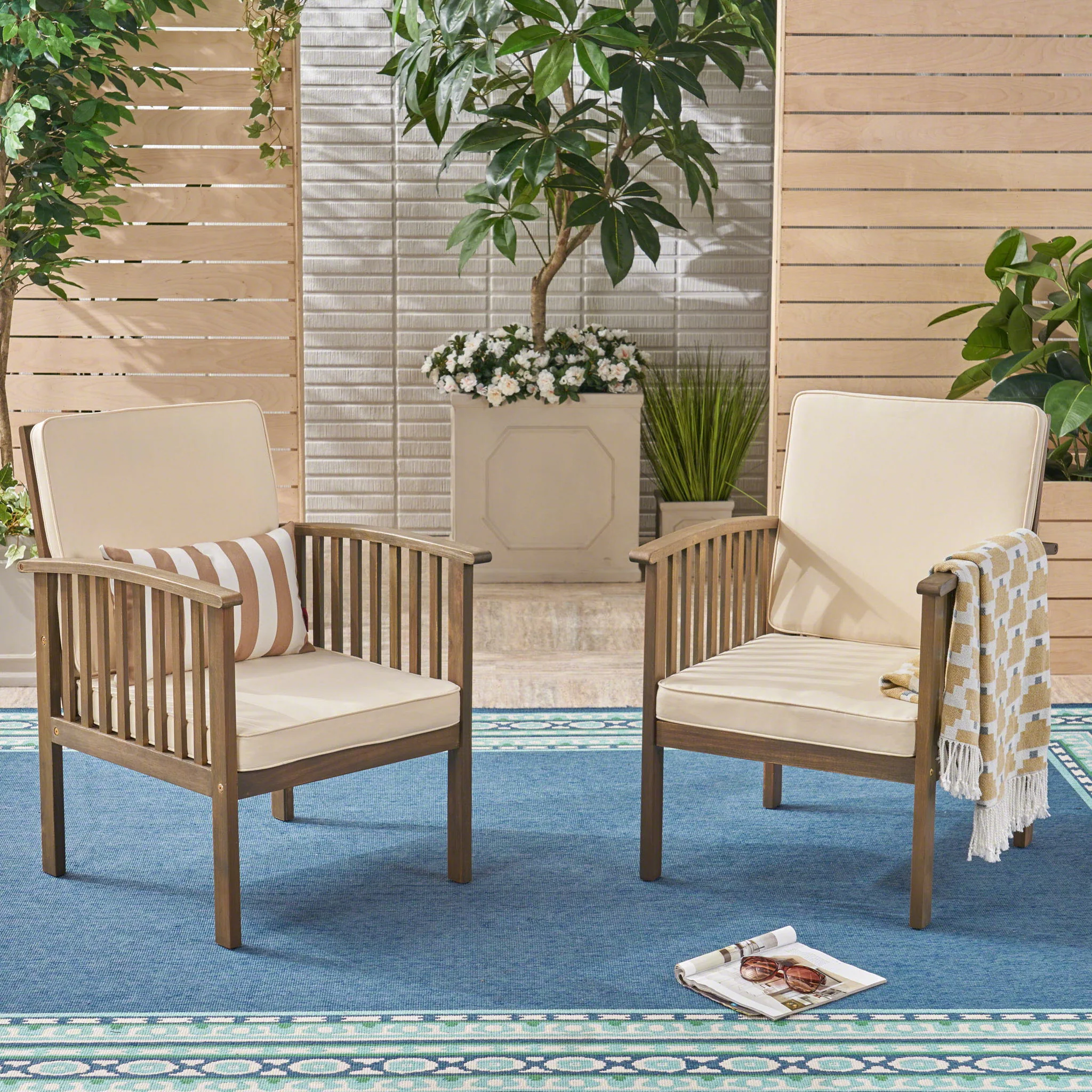 Casa Acacia Wood Club Chairs (Set of 2) With Water Resistant Cushions - Gray / Cream - Image 3