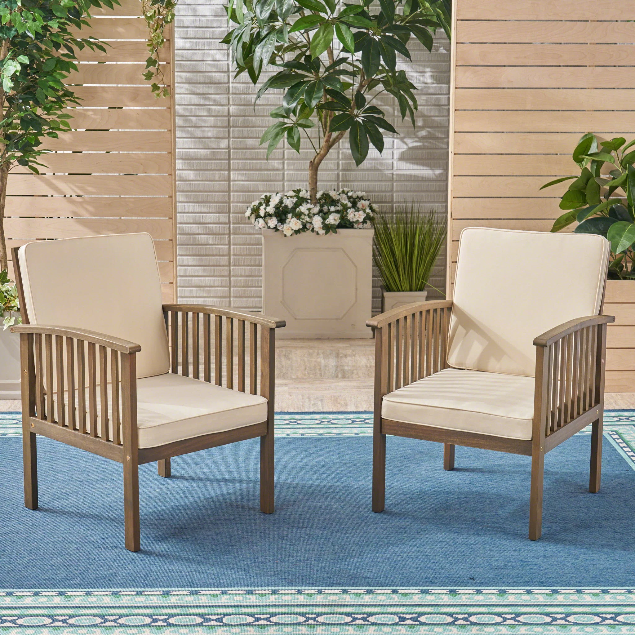 Casa Acacia Wood Club Chairs (Set of 2) With Water Resistant Cushions - Gray / Cream - Image 7