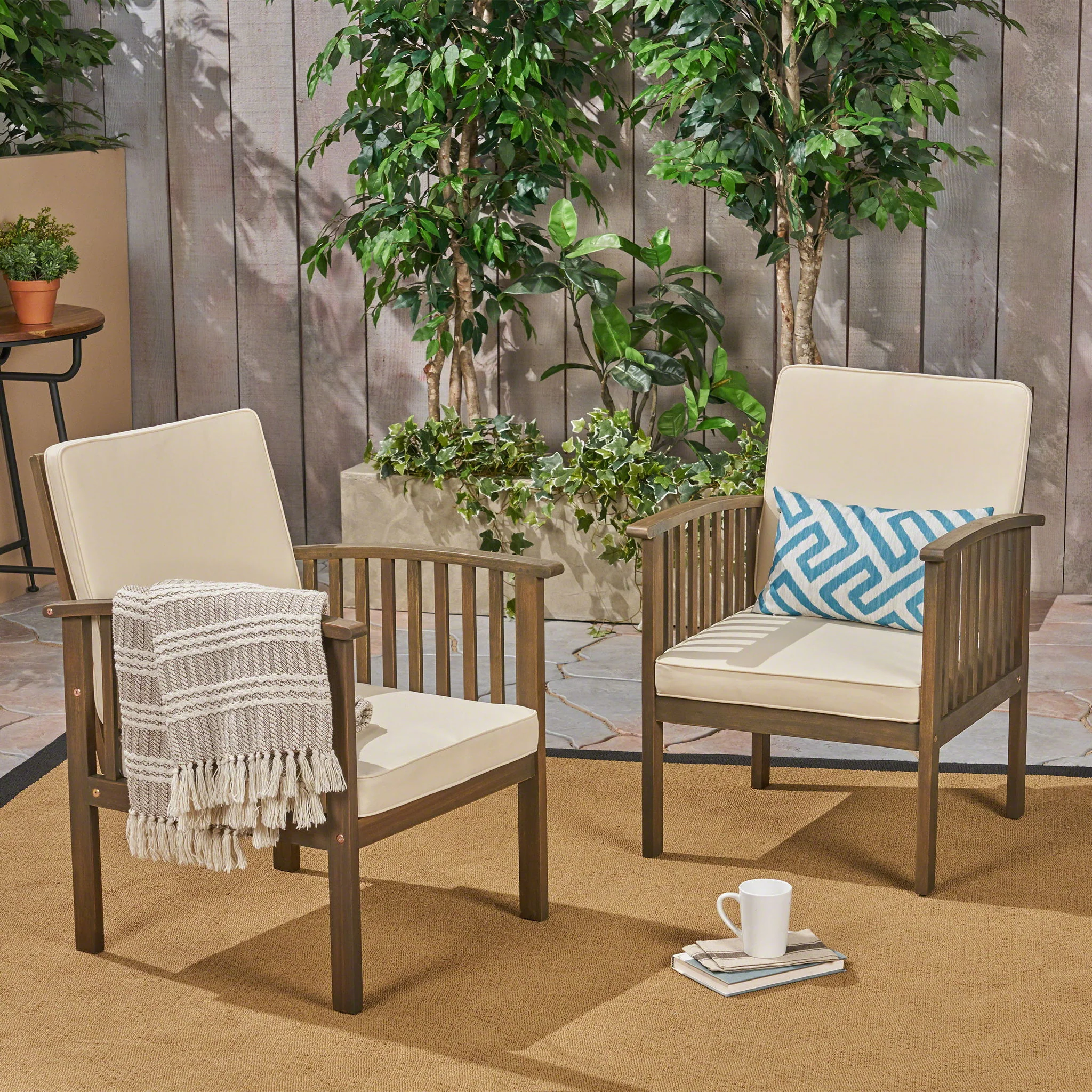 Casa Acacia Wood Club Chairs (Set of 2) With Water Resistant Cushions - Gray / Cream - Image 8