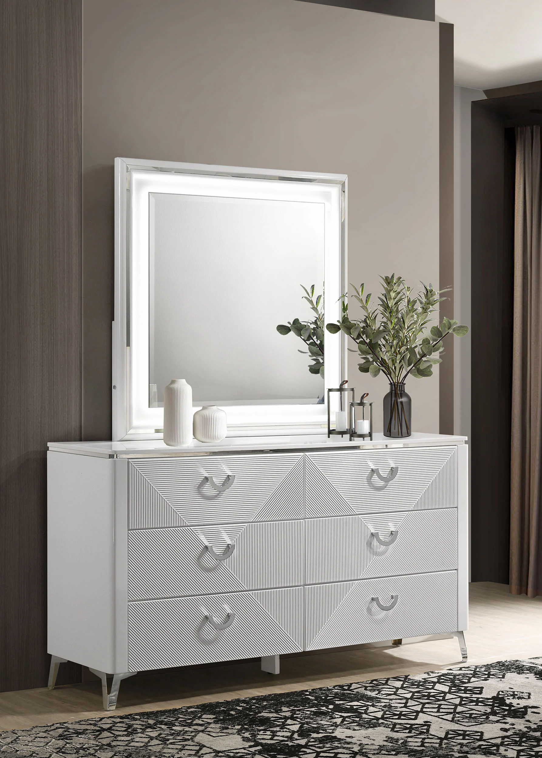Cassia 6-Drawer Dresser with Mirror - White High Gloss - Image 4