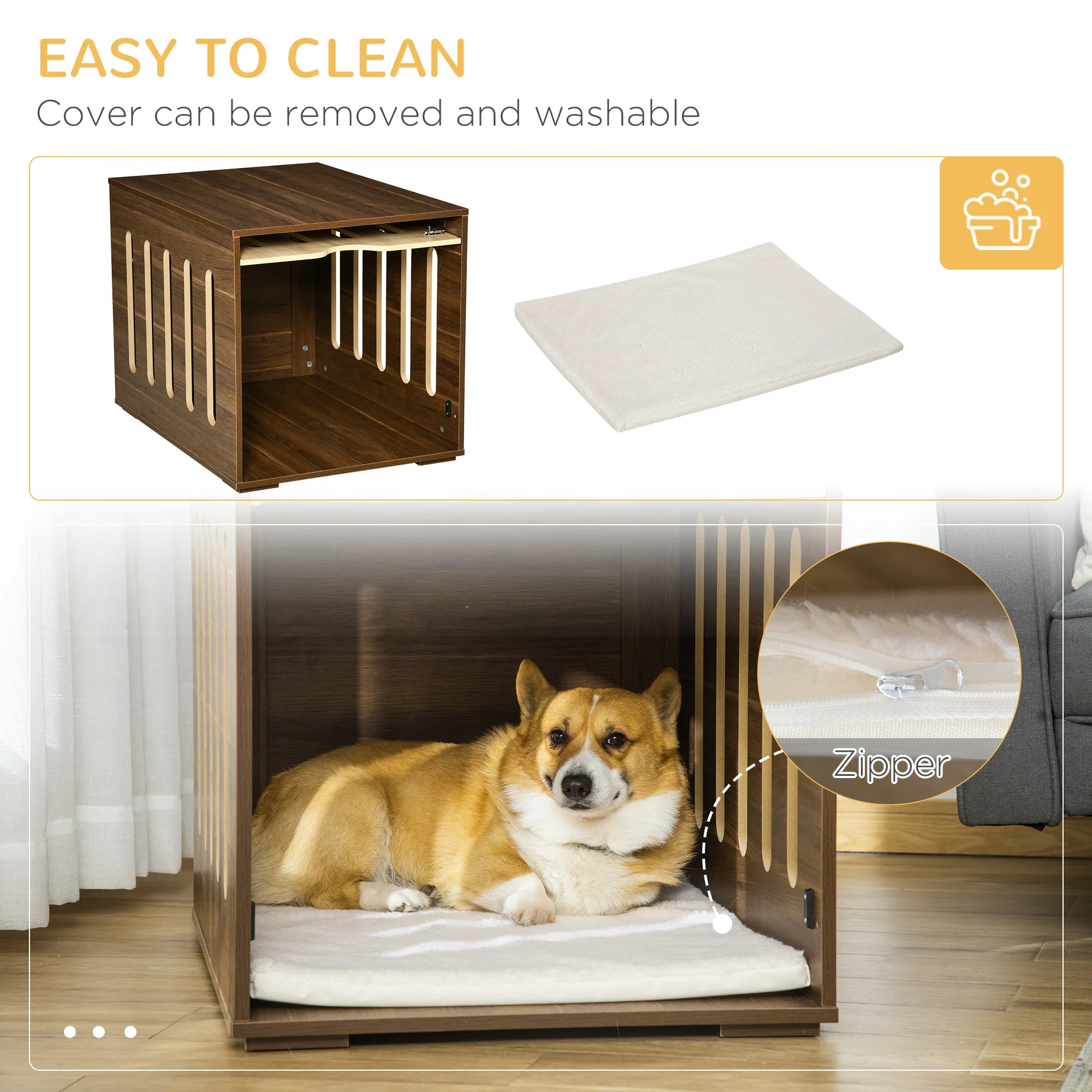 Castor 32-Inch Dog Crate End Table with Retractable Door and Fleece Cushion - Image 4