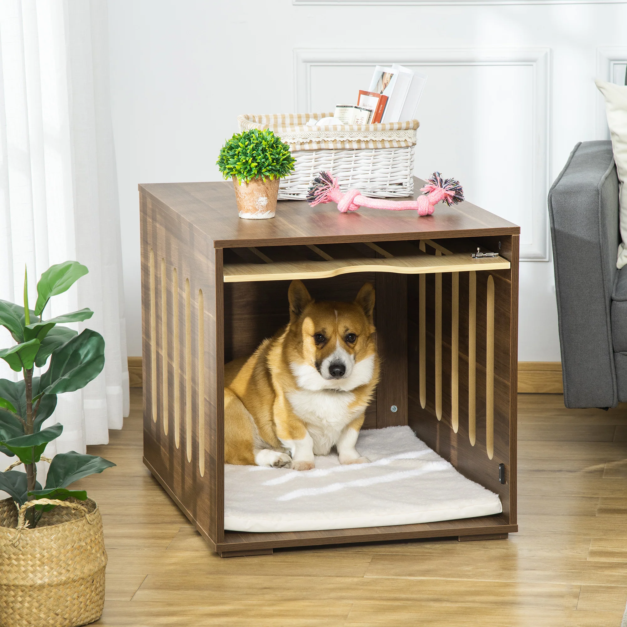 Castor 32-Inch Dog Crate End Table with Retractable Door and Fleece Cushion - Image 9