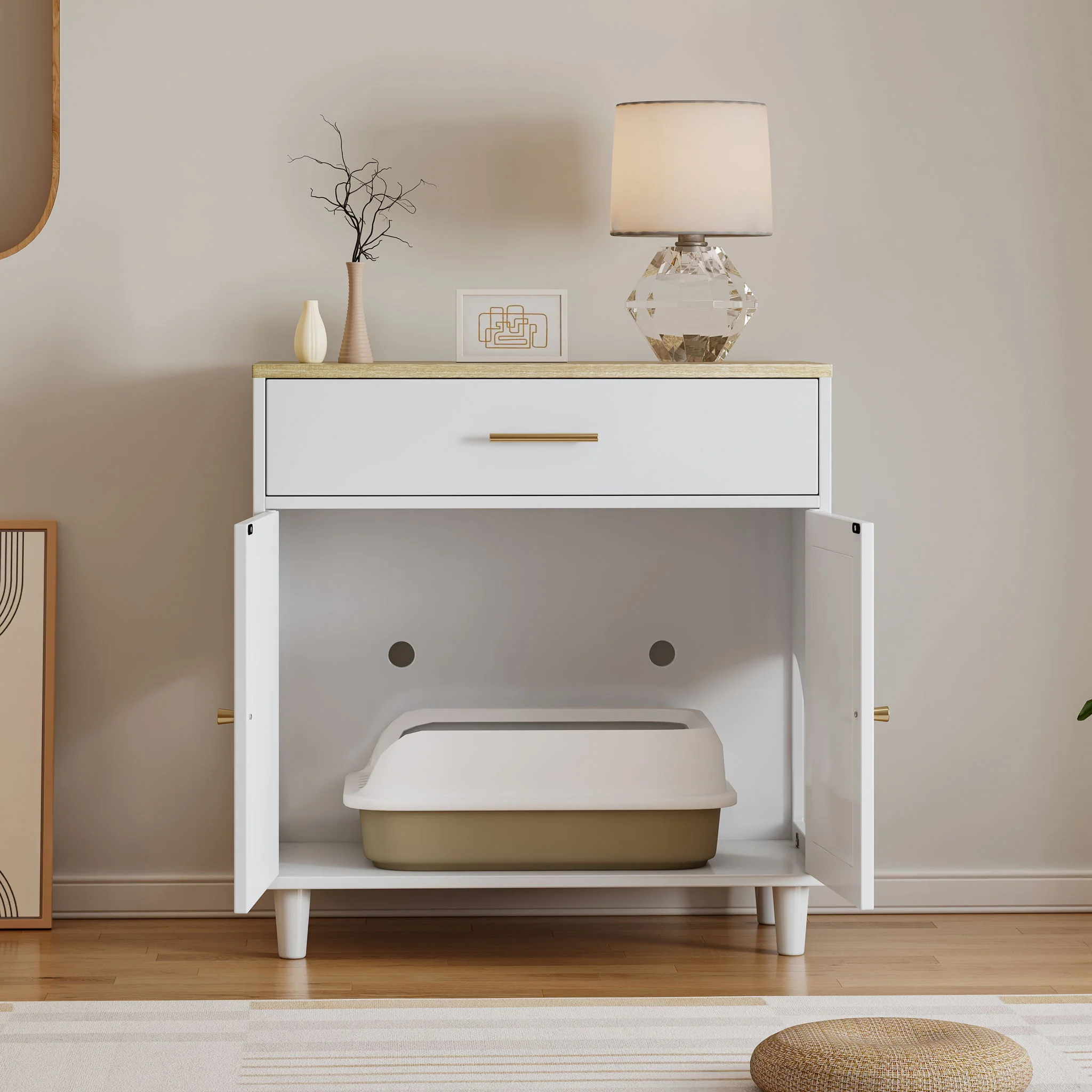 Cat Litter Box Enclosure With Scratch Pad, Hidden Litter Box Furniture, Wooden Pet House Sideboard, Storage Cabinet, Fit Most Cat And Litter Box, For Living Room Bedroom Office - White / Light Brown - Image 3