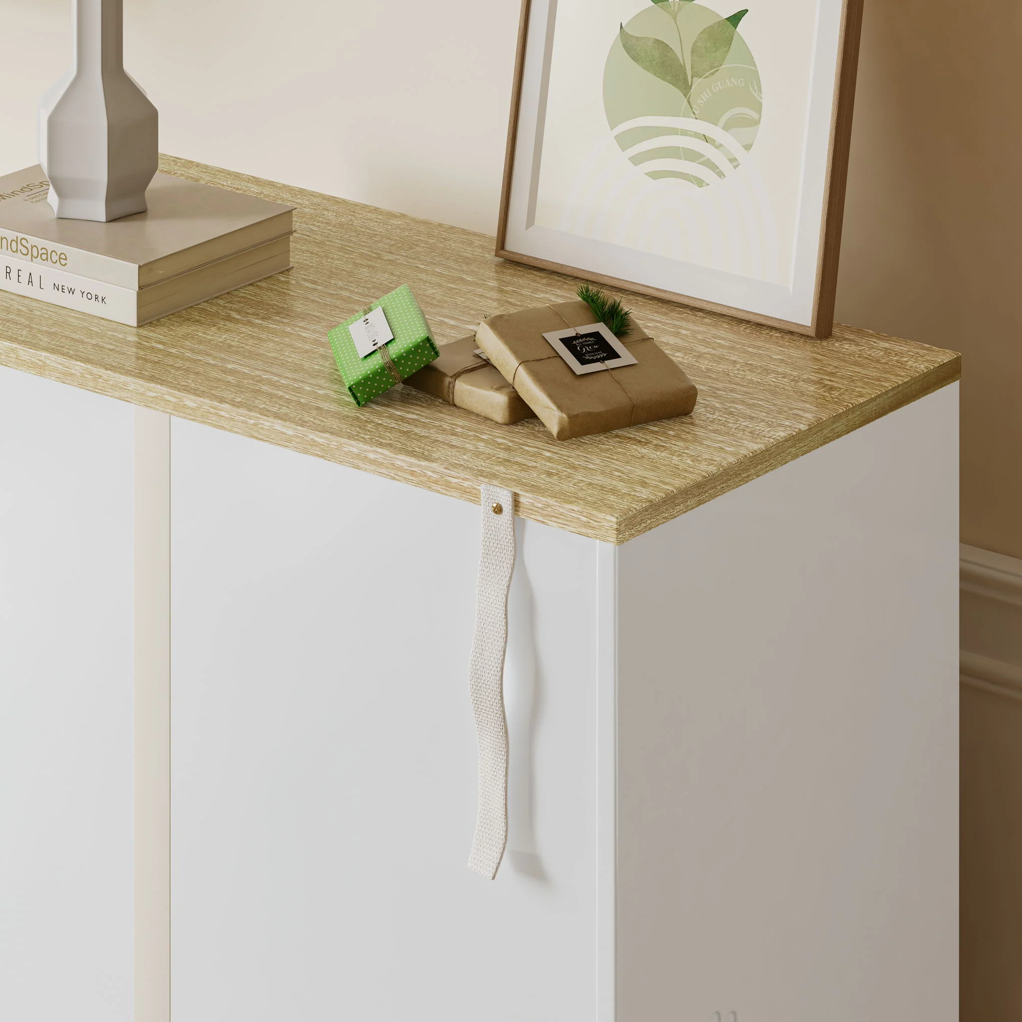 Cat Litter Box Enclosure With Scratch Pad, Hidden Litter Box Furniture, Wooden Pet House Sideboard, Storage Cabinet, Fit Most Cat And Litter Box, For Living Room Bedroom Office - White / Light Brown - Image 4