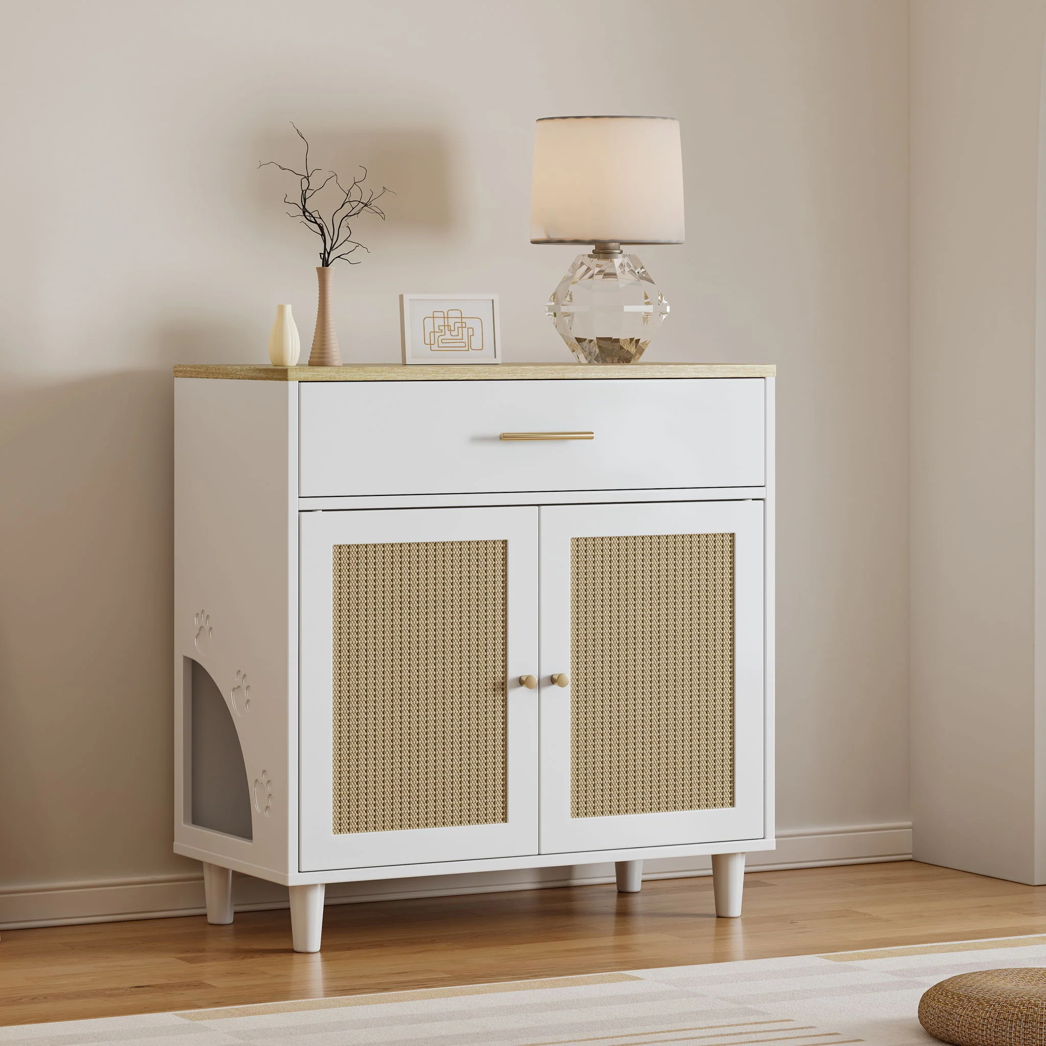 Cat Litter Box Enclosure With Scratch Pad, Hidden Litter Box Furniture, Wooden Pet House Sideboard, Storage Cabinet, Fit Most Cat And Litter Box, For Living Room Bedroom Office - White / Light Brown - Image 7