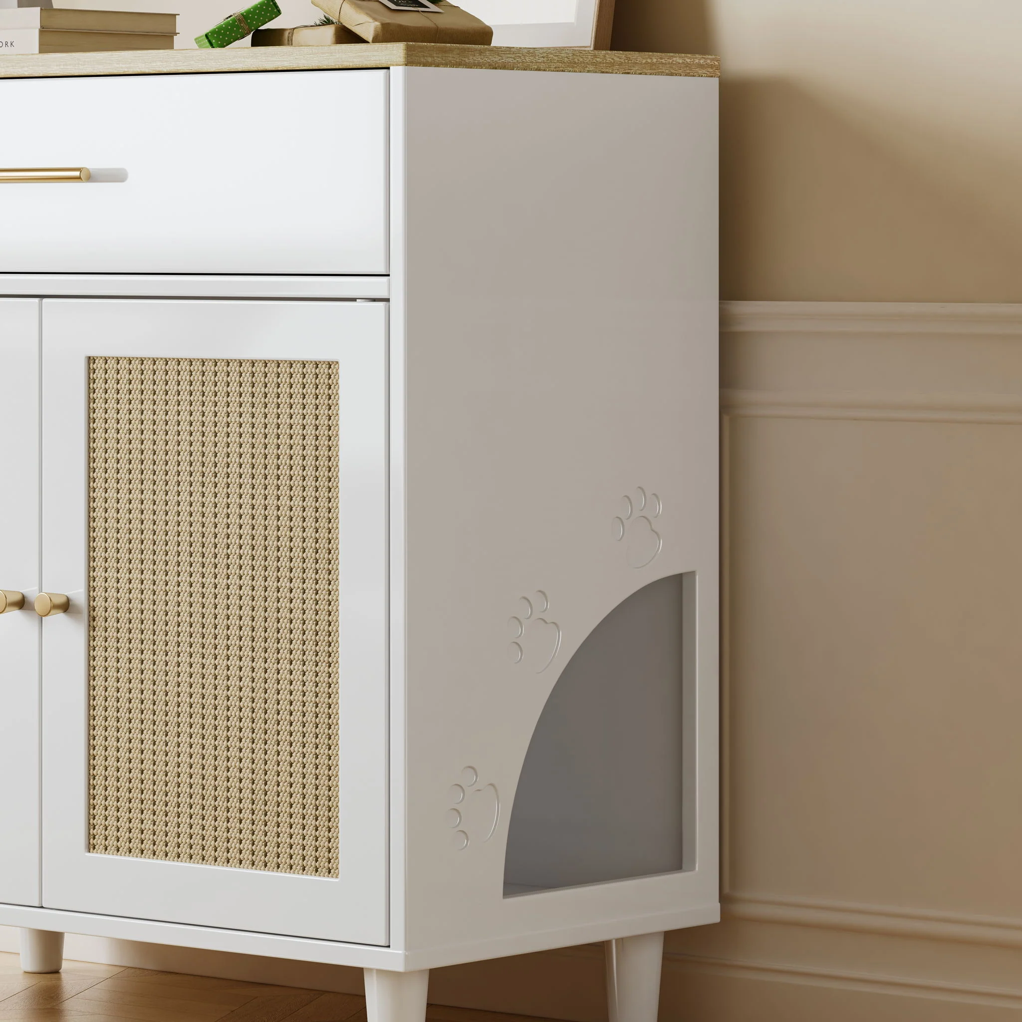 Cat Litter Box Enclosure With Scratch Pad, Hidden Litter Box Furniture, Wooden Pet House Sideboard, Storage Cabinet, Fit Most Cat And Litter Box, For Living Room Bedroom Office - White / Light Brown - Image 8