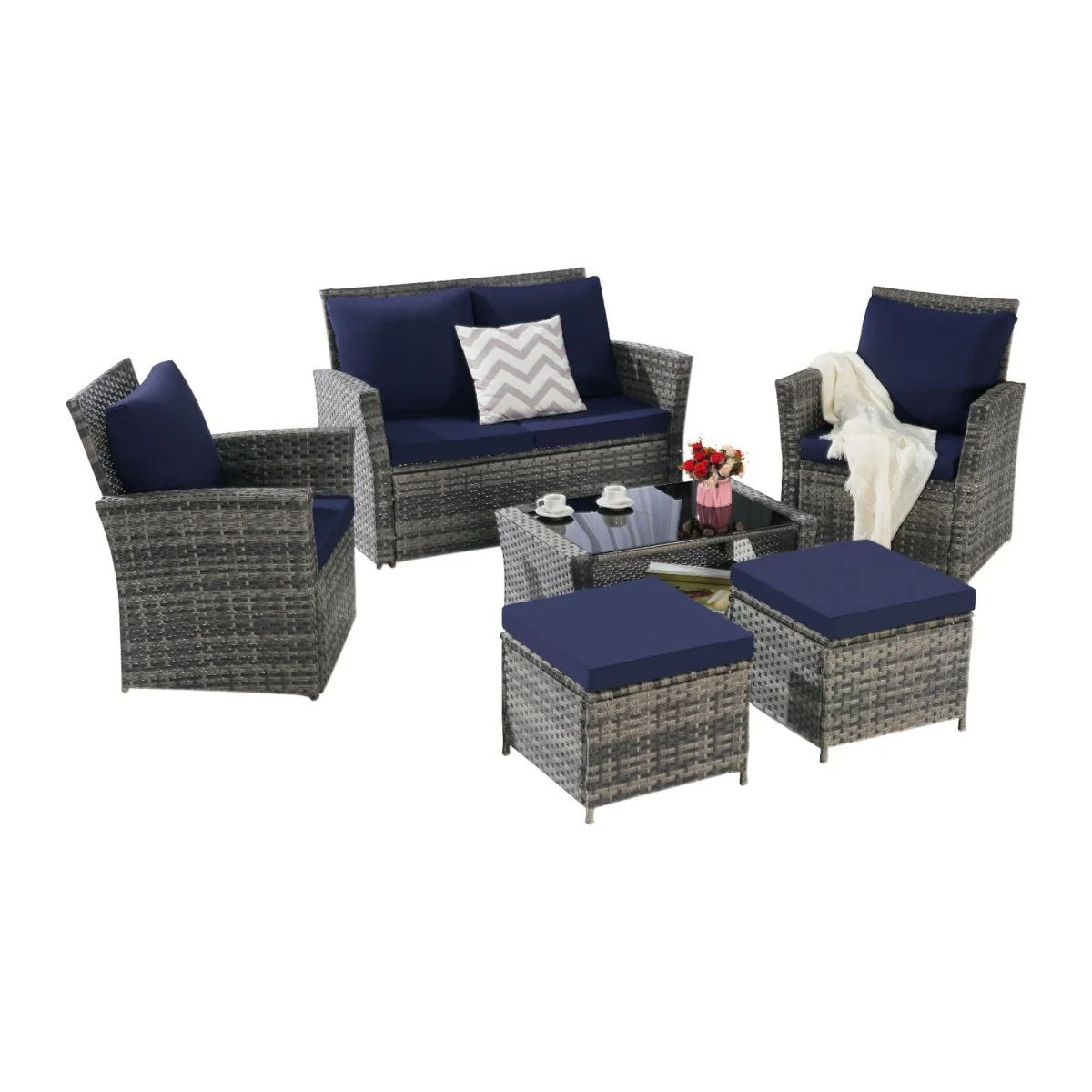 Cavallo 6-Piece Wicker Patio Set with Ottomans and Coffee Table - Image 10