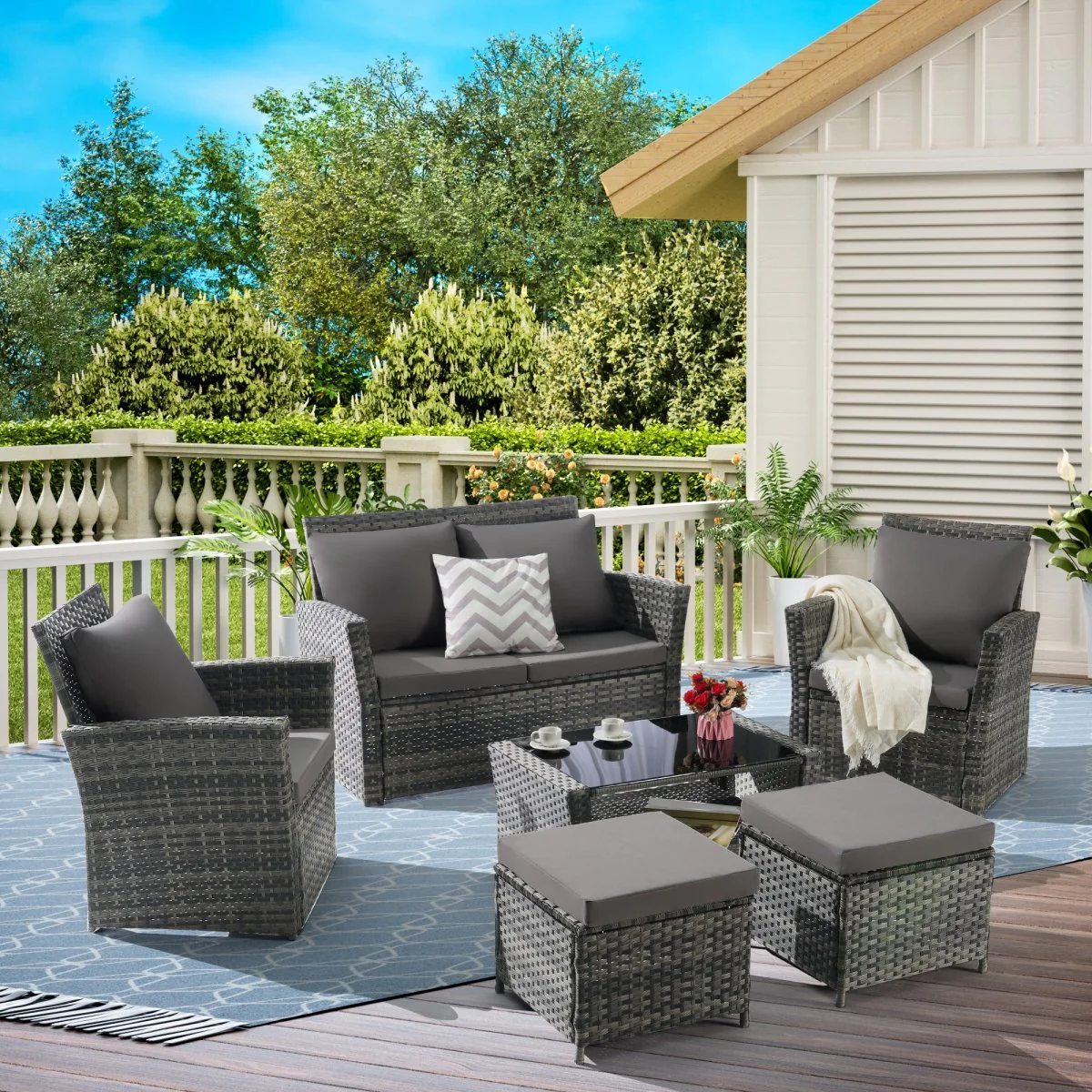 Cavallo 6-Piece Wicker Patio Set with Ottomans and Coffee Table - Image 14