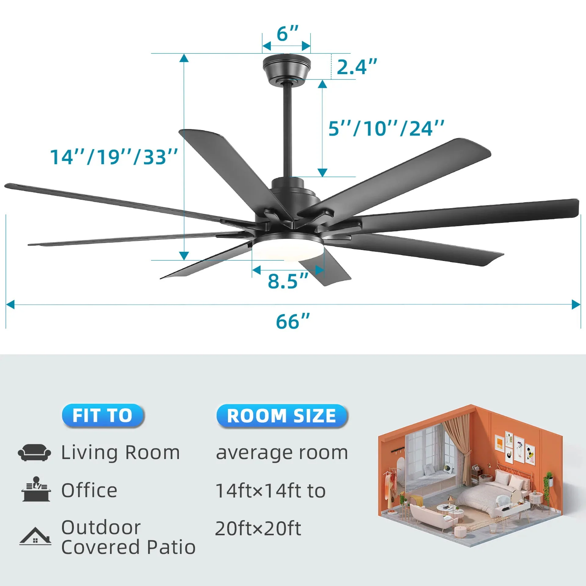 Ceiling Fan With Dimmable LED Light, 8 Blades, Smart Remote Control, Reversible DC Motor For Home Office And Living Spaces - Matte Black - Image 8