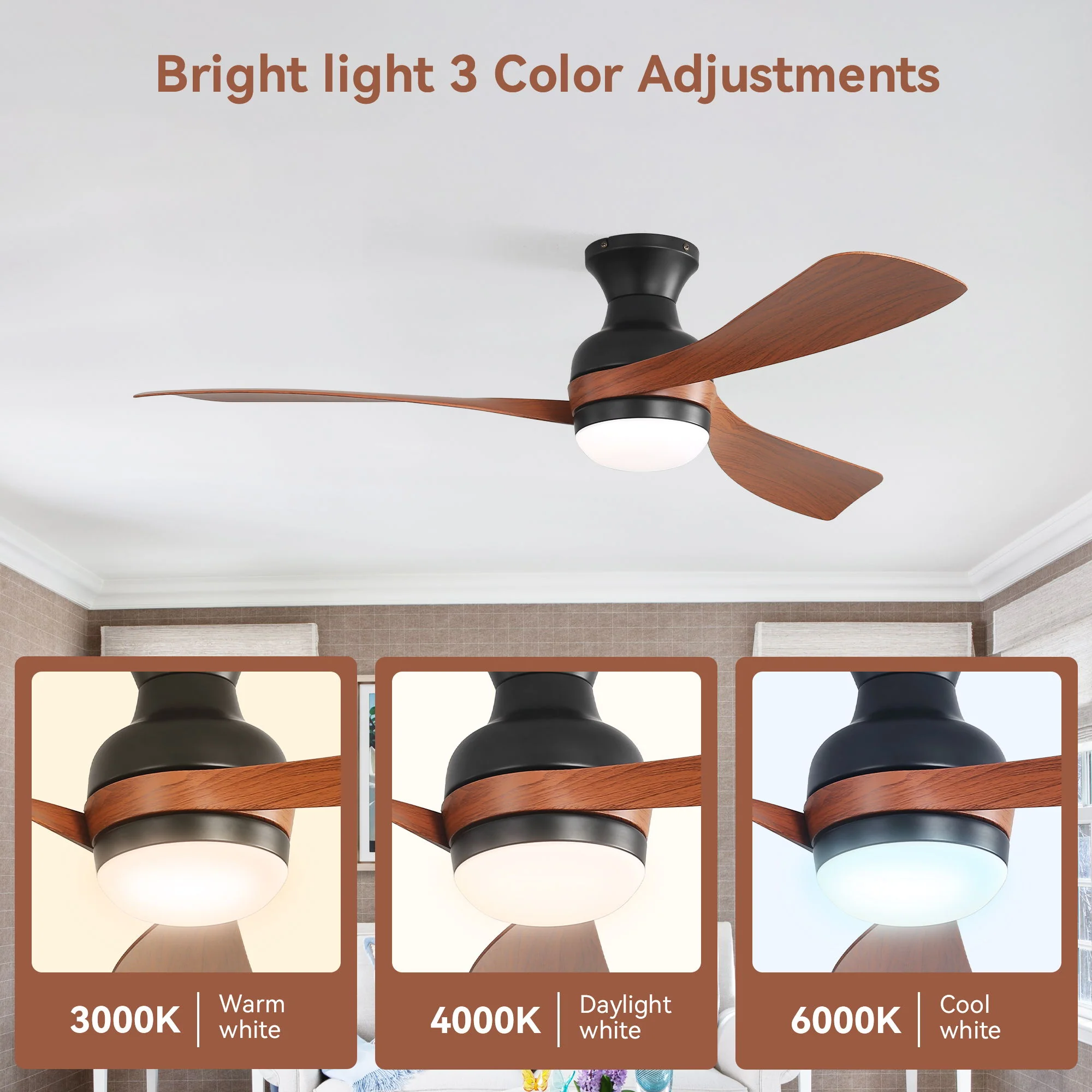 Ceiling Fan With Remote Controlled LED Light, 3 Blades, Reversible DC Motor, 6 Speeds, Dimmable, Flush Mount - Black - Image 7