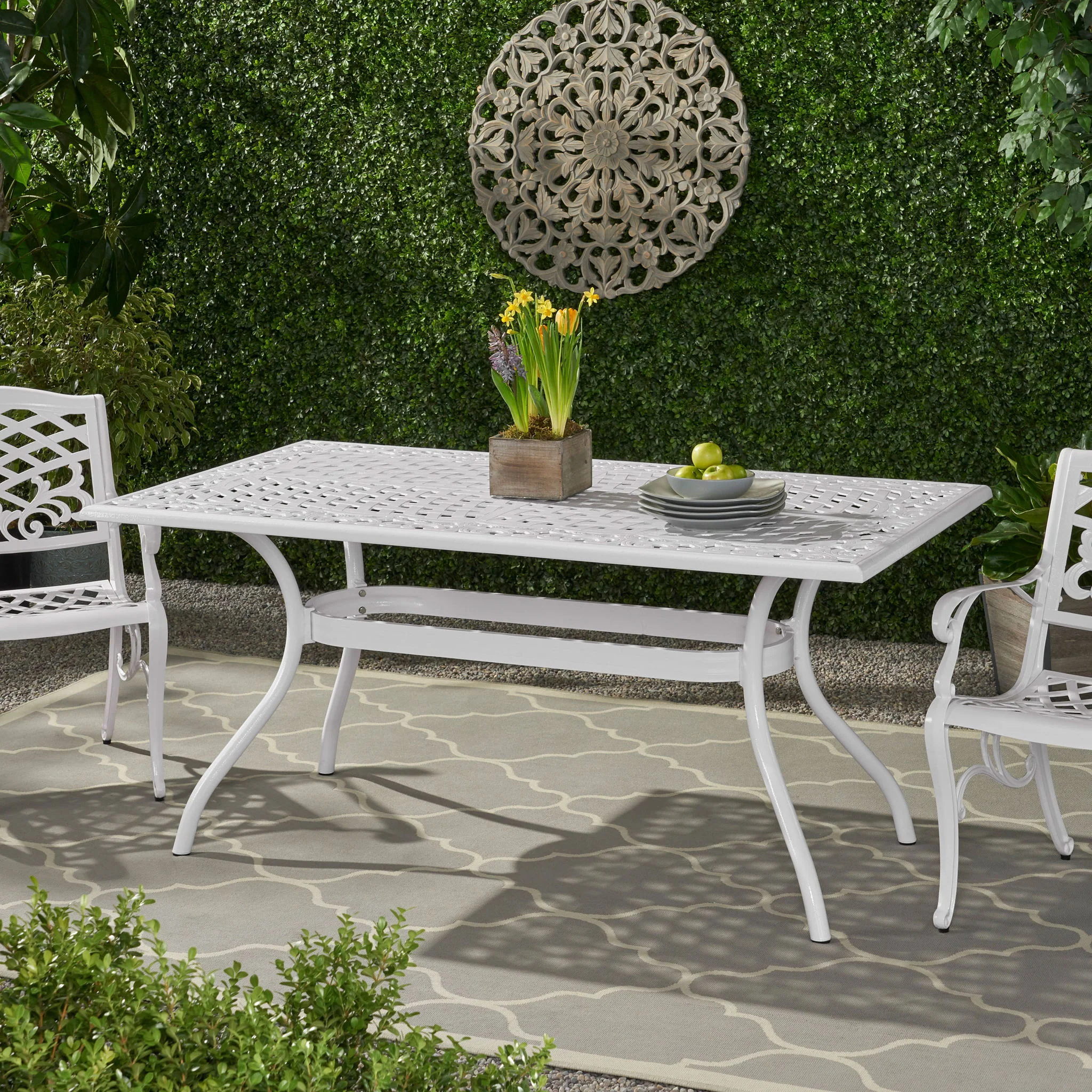 Celestine - Outdoor Cast Aluminum Dining Table With Floral Lattice Design And Umbrella Holder - Image 18
