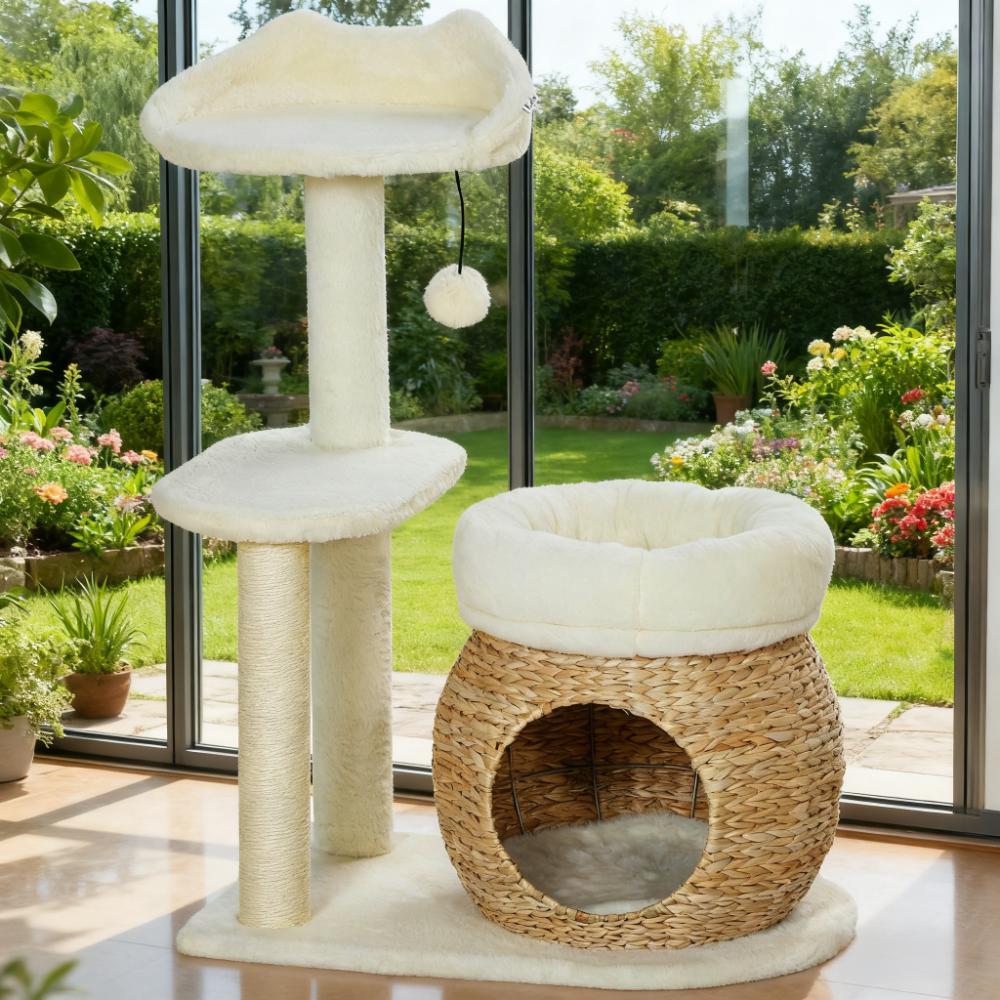 Celia 31-Inch Modern Cat Tree with Woven Cattail Condo and Bunny Velvet Beds - Image 2