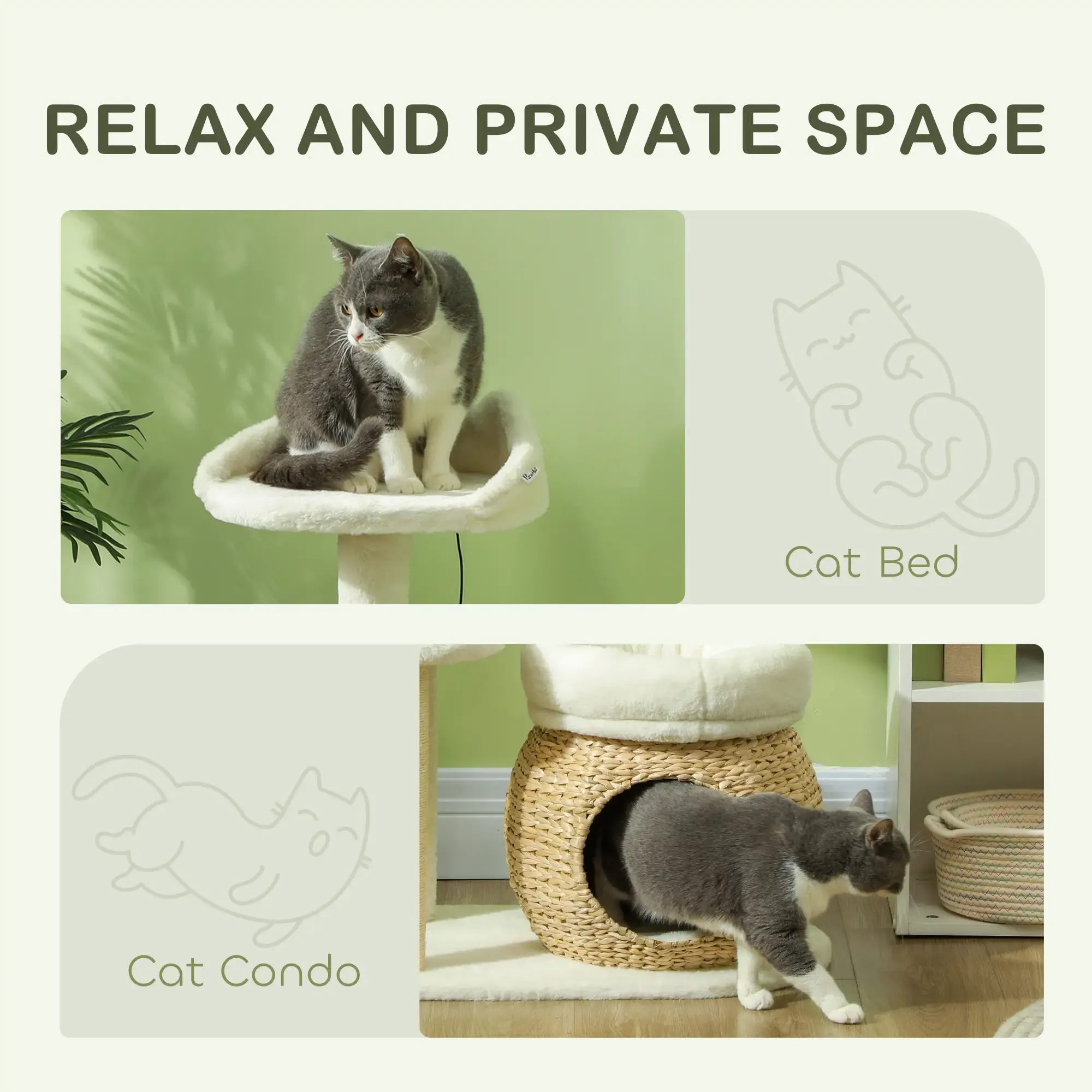 Celia 31-Inch Modern Cat Tree with Woven Cattail Condo and Bunny Velvet Beds - Image 8