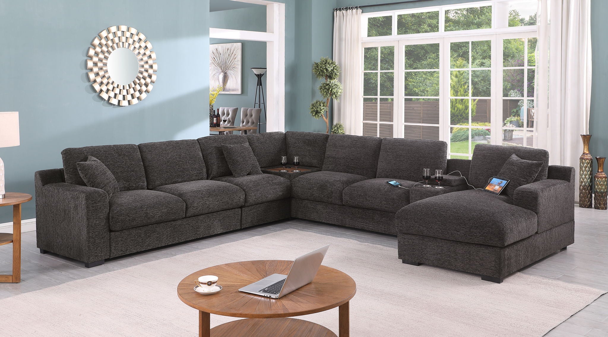 Celine - Corner Sectional Sofa With Right Facing Chaise, Cupholders, And Charging Ports - Gray - Image 2