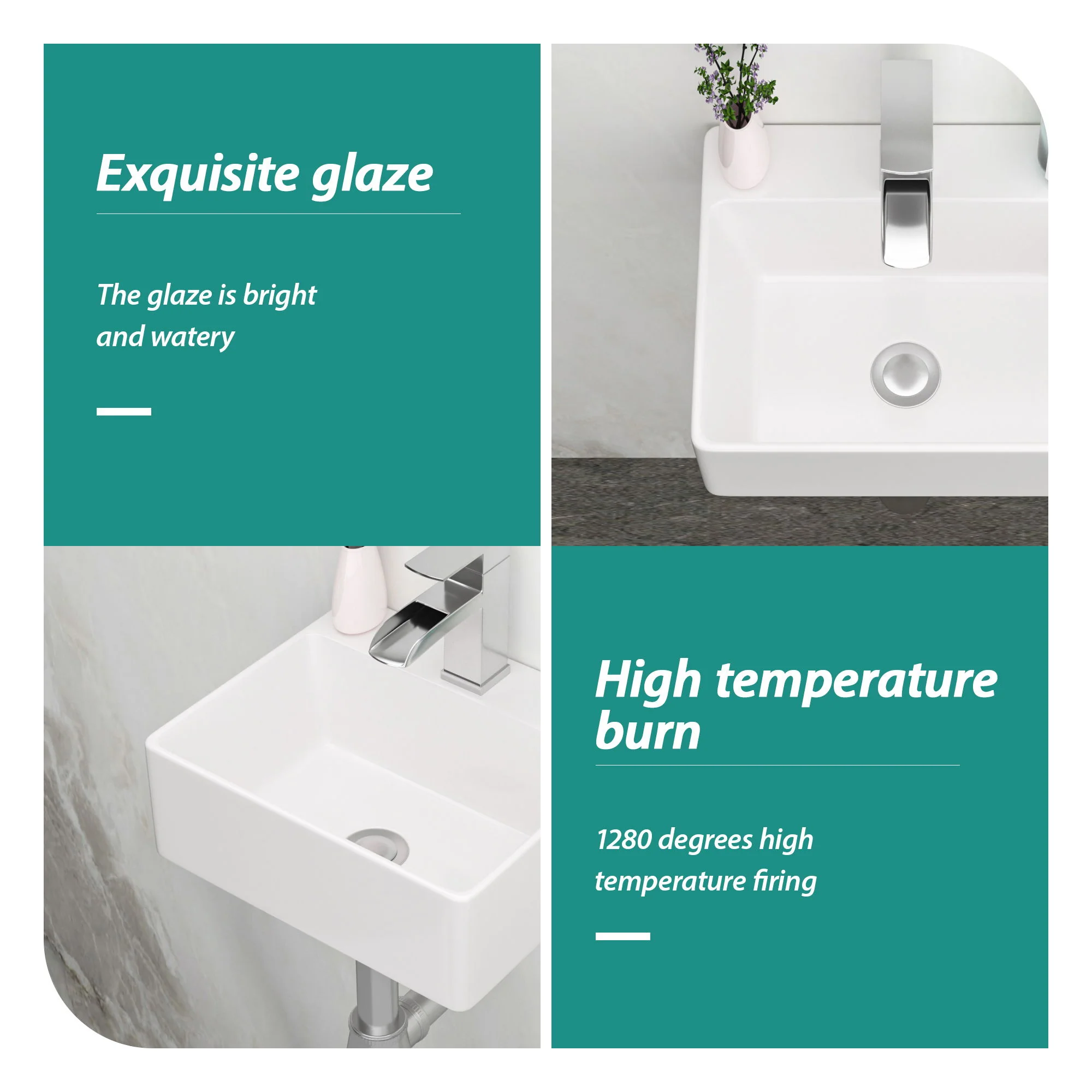 Ceramic Rectangle Wall Mount Bathroom Sink With Single Faucet Hole - Image 12